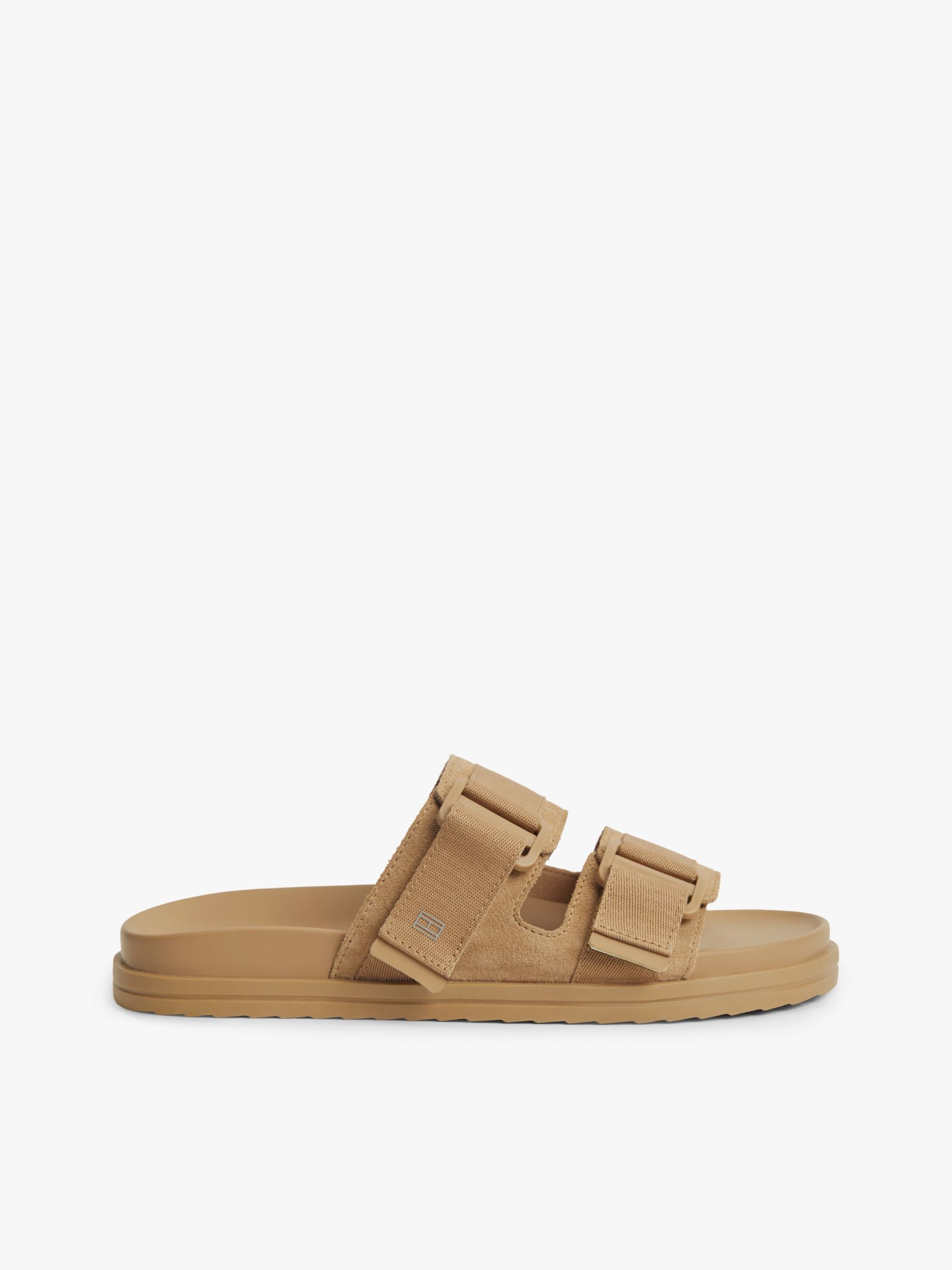 Tommy Hilfiger Suède sandaal met webbing bandjes en gesp in beige