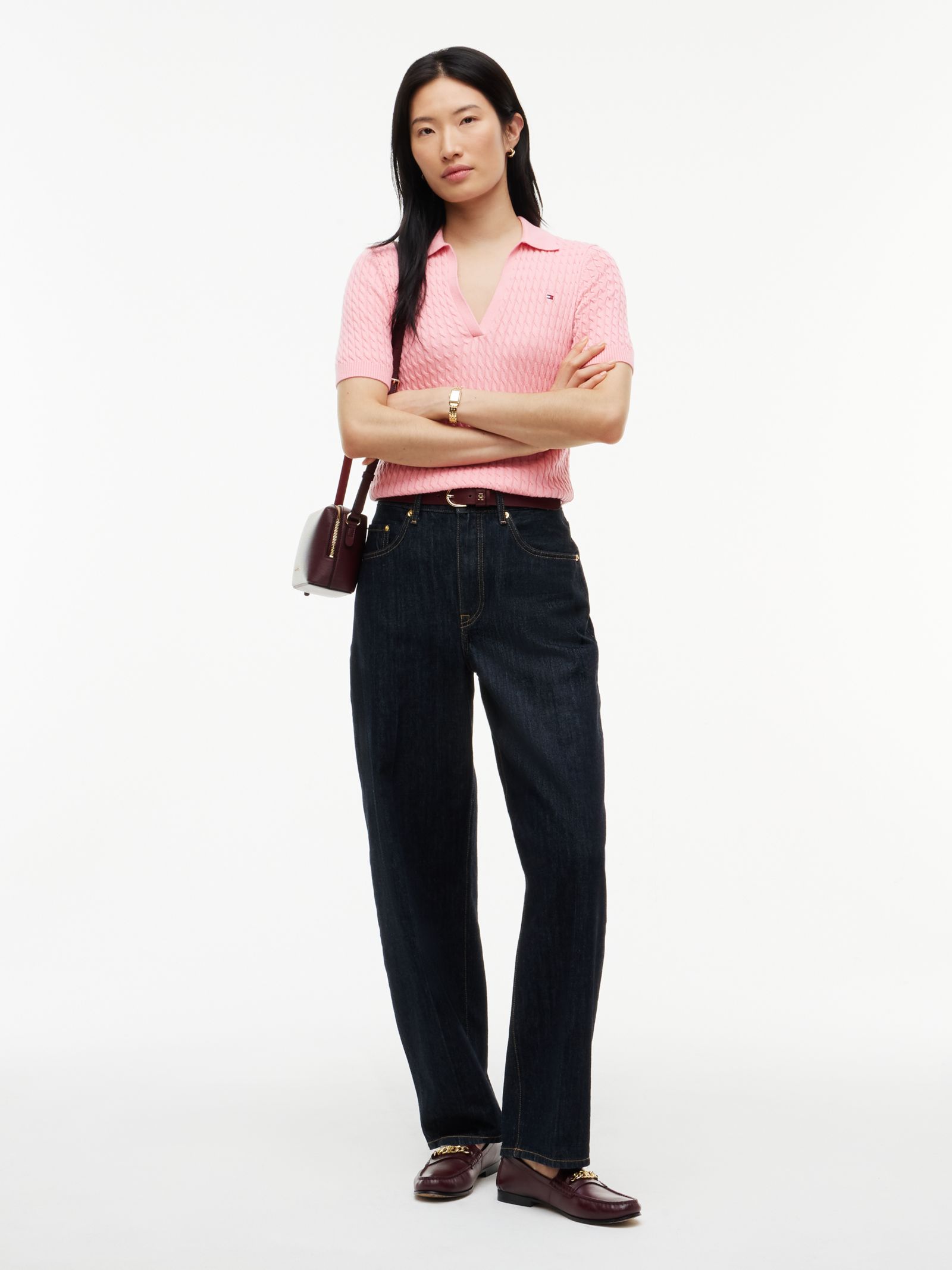 Tommy Hilfiger Kabelgebreide polotrui met korte mouwen for women in roze