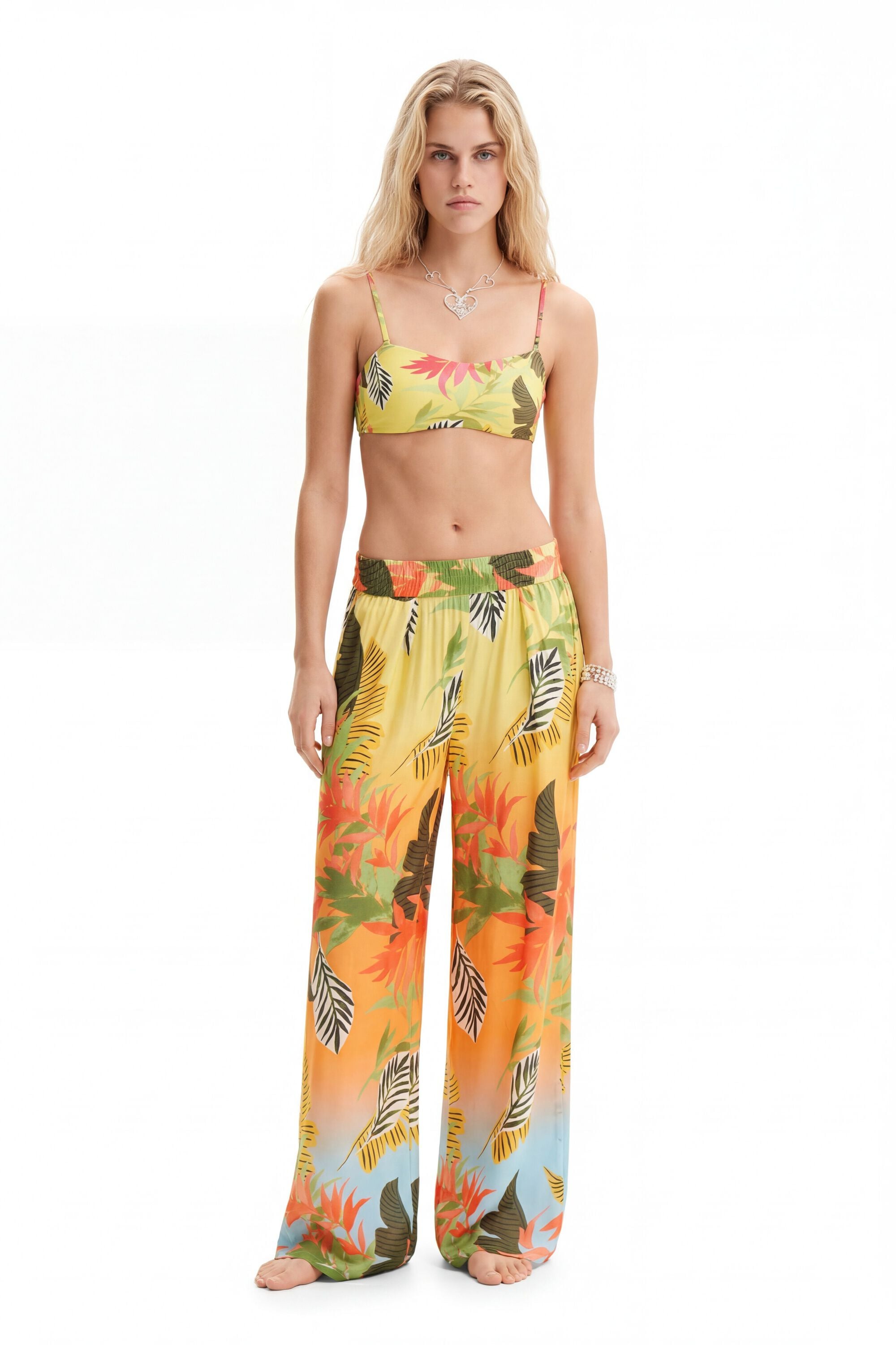 Desigual Tropische wide leg broek in geel