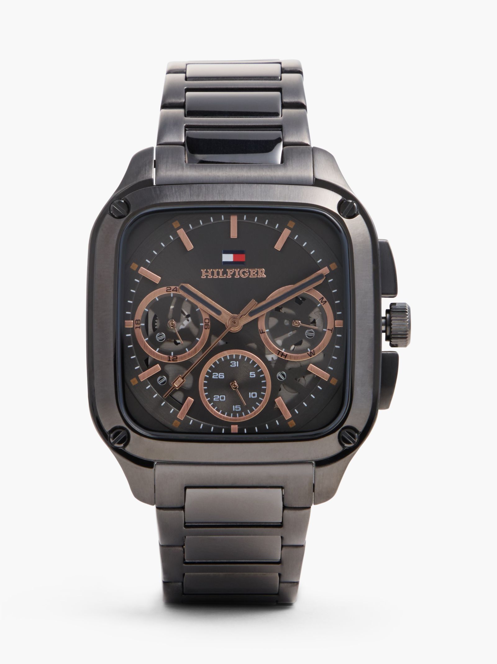 Tommy Hilfiger Vierkant gunmetal horloge met skeleton wijzerplaat