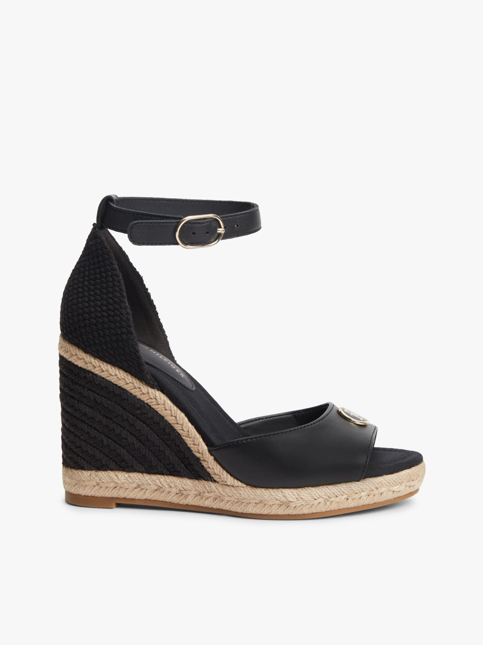 Tommy Hilfiger Leren espadrille met sleehak en metalen logo in zwart