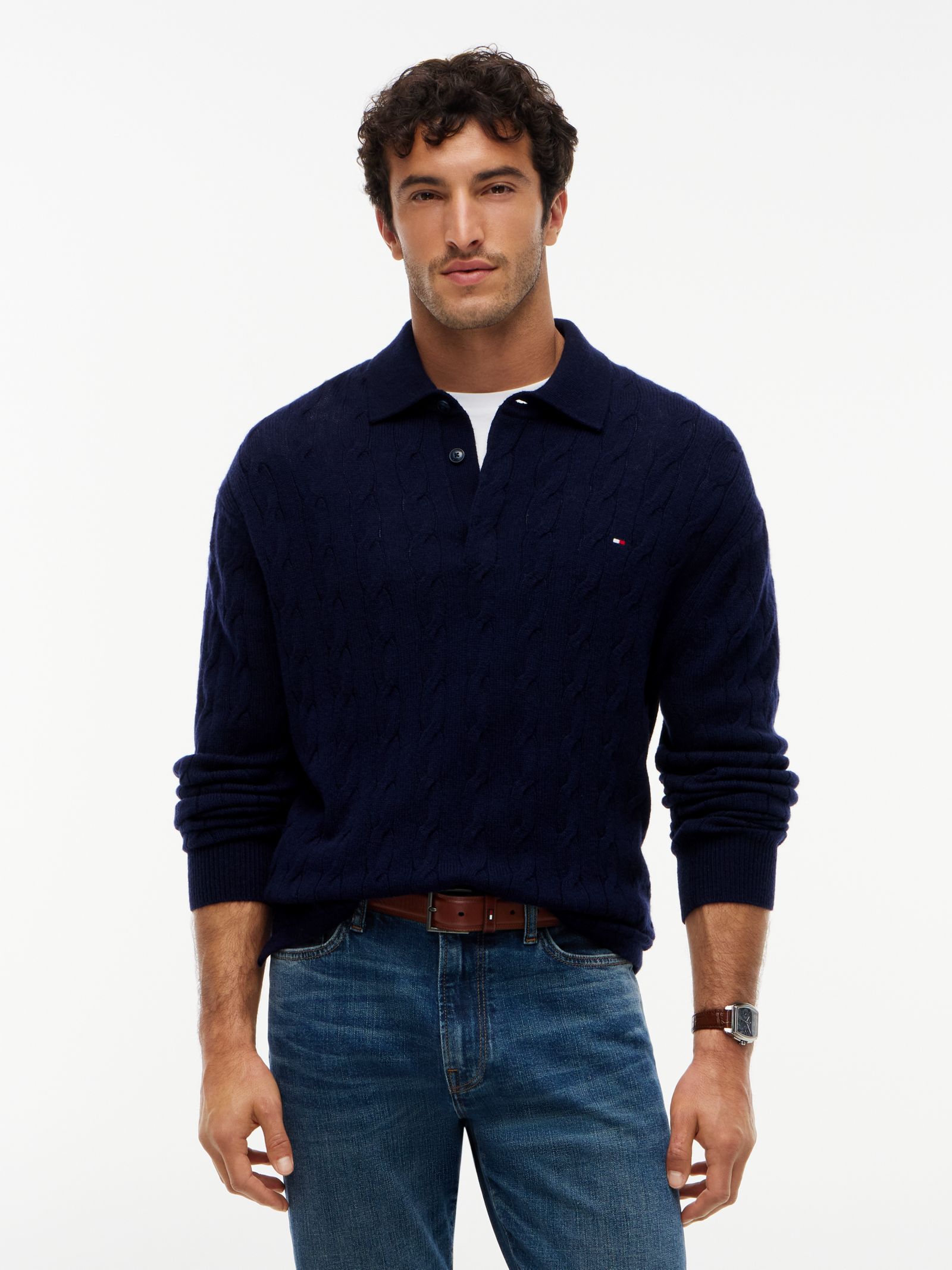 Tommy Hilfiger kabelgebreide rugbytrui van zuivere wol in marine