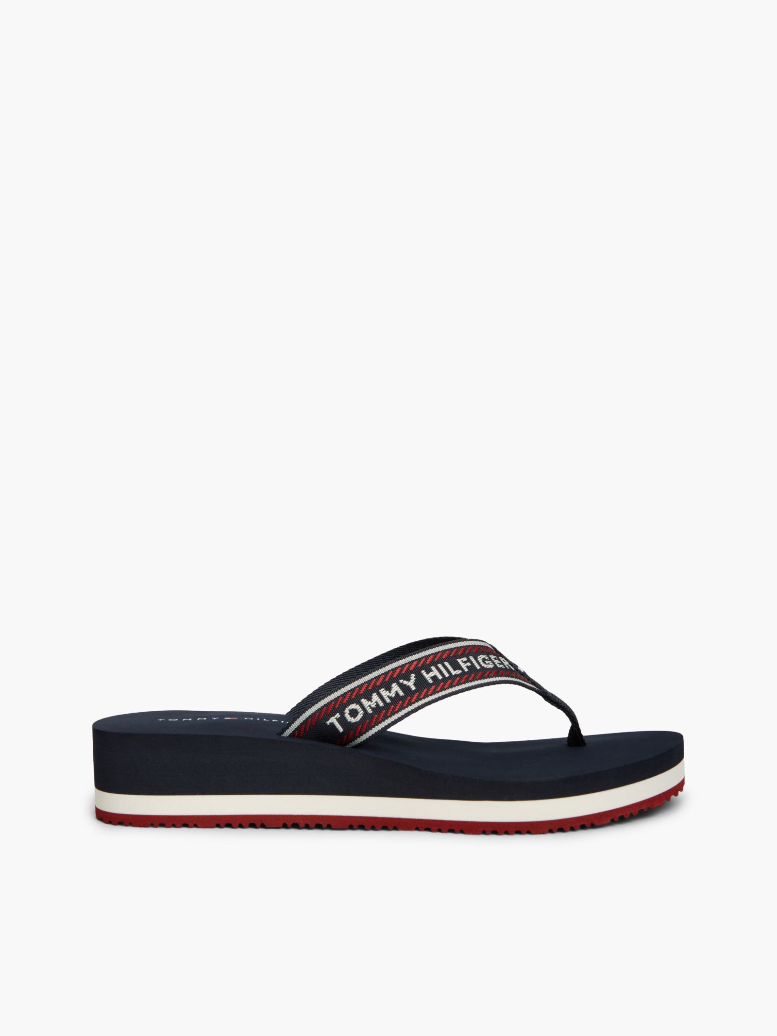 Tommy Hilfiger Teenslipper met sleehak en webbing bandjes met logo in marine