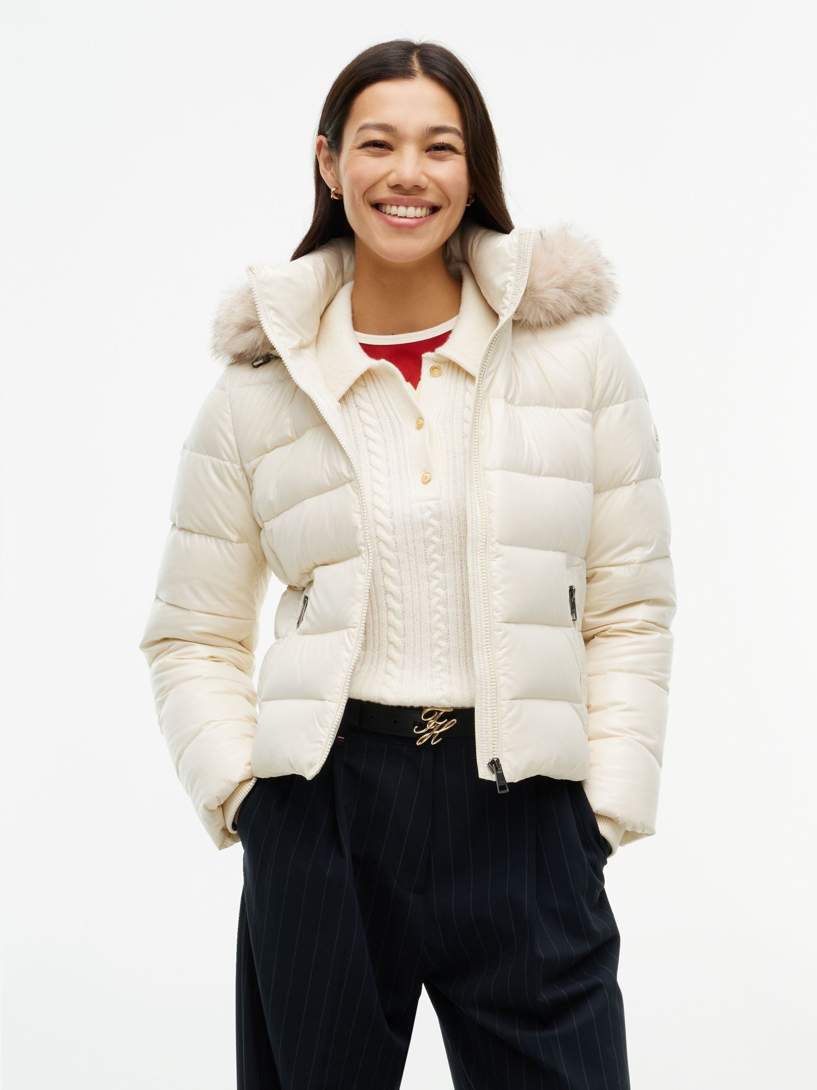 Tommy Hilfiger Glanzend getailleerd donsjack met capuchon van imitatiebont in beige