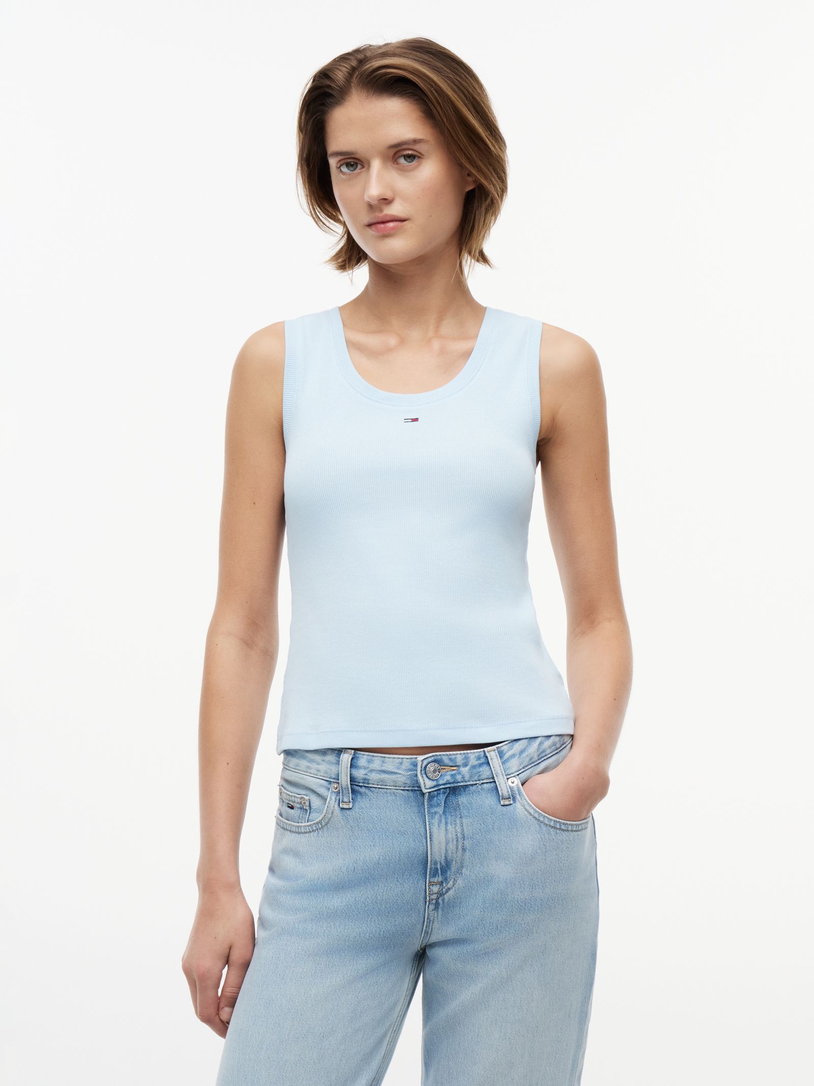 Tommy Jeans Geribde slim tanktop met diepe hals in blauw