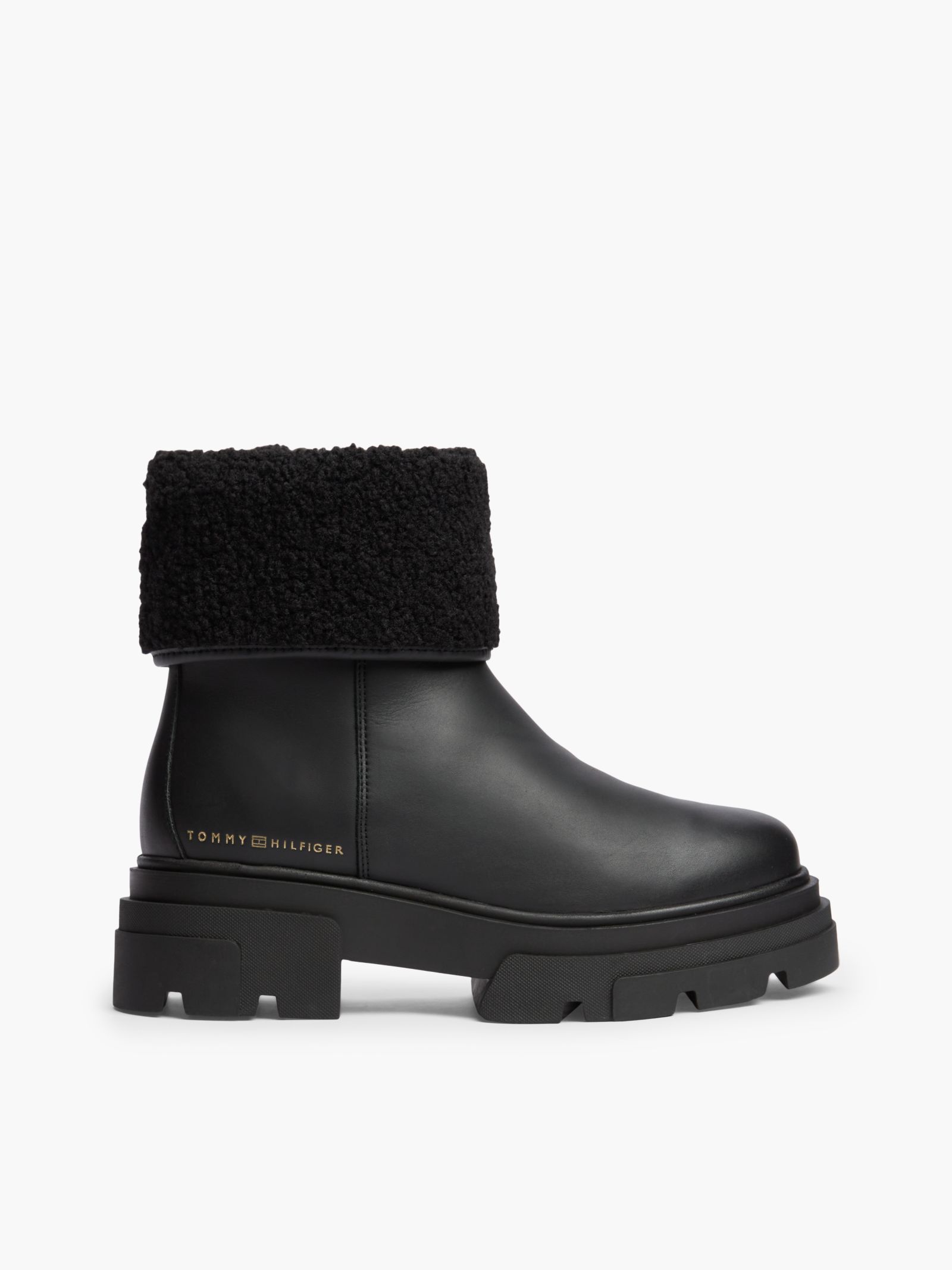 Tommy Hilfiger leren enkellaars met chunky zool en schapenvacht