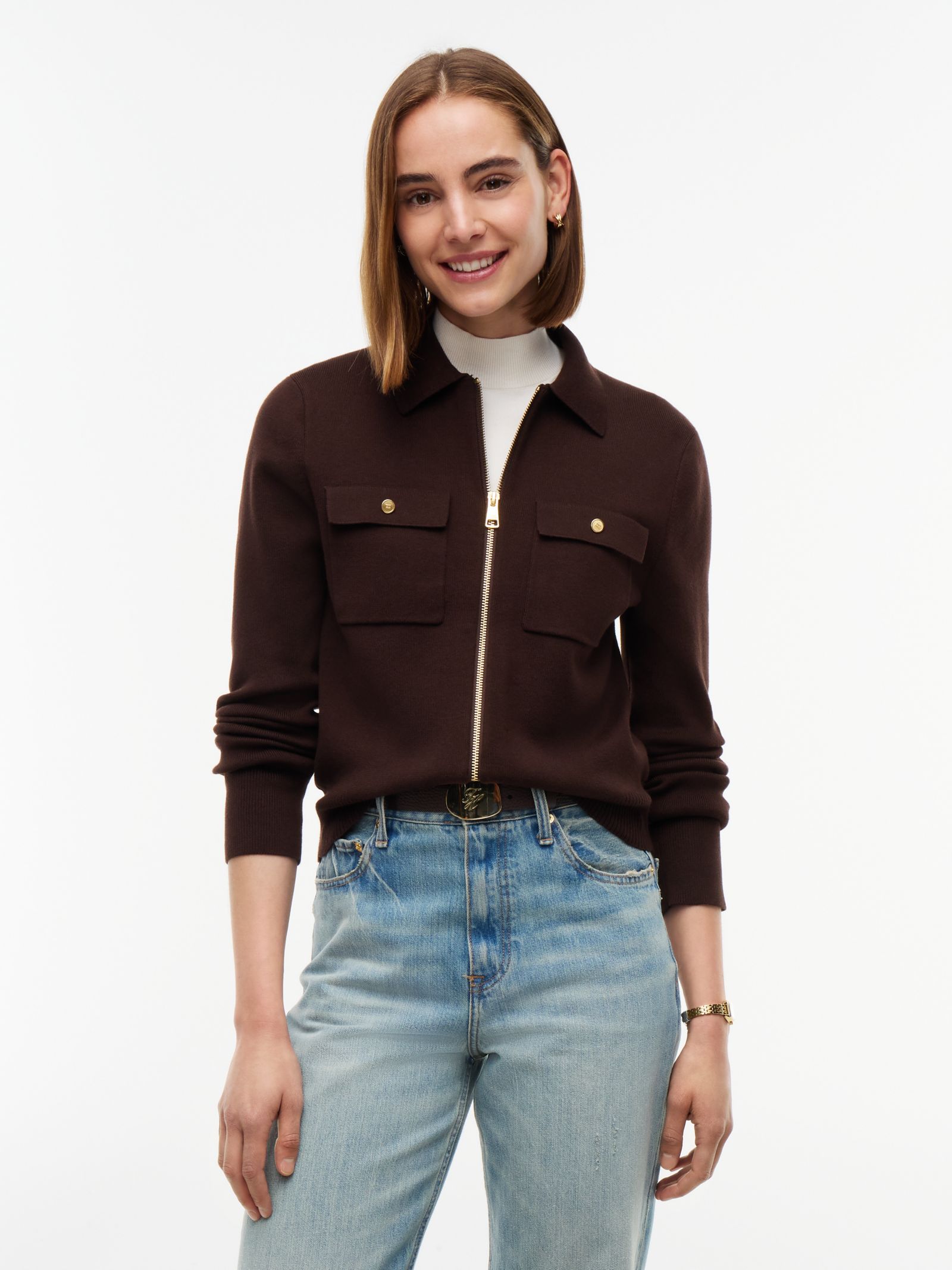 Tommy Hilfiger Premium gebreide trui met ritssluiting in bruin