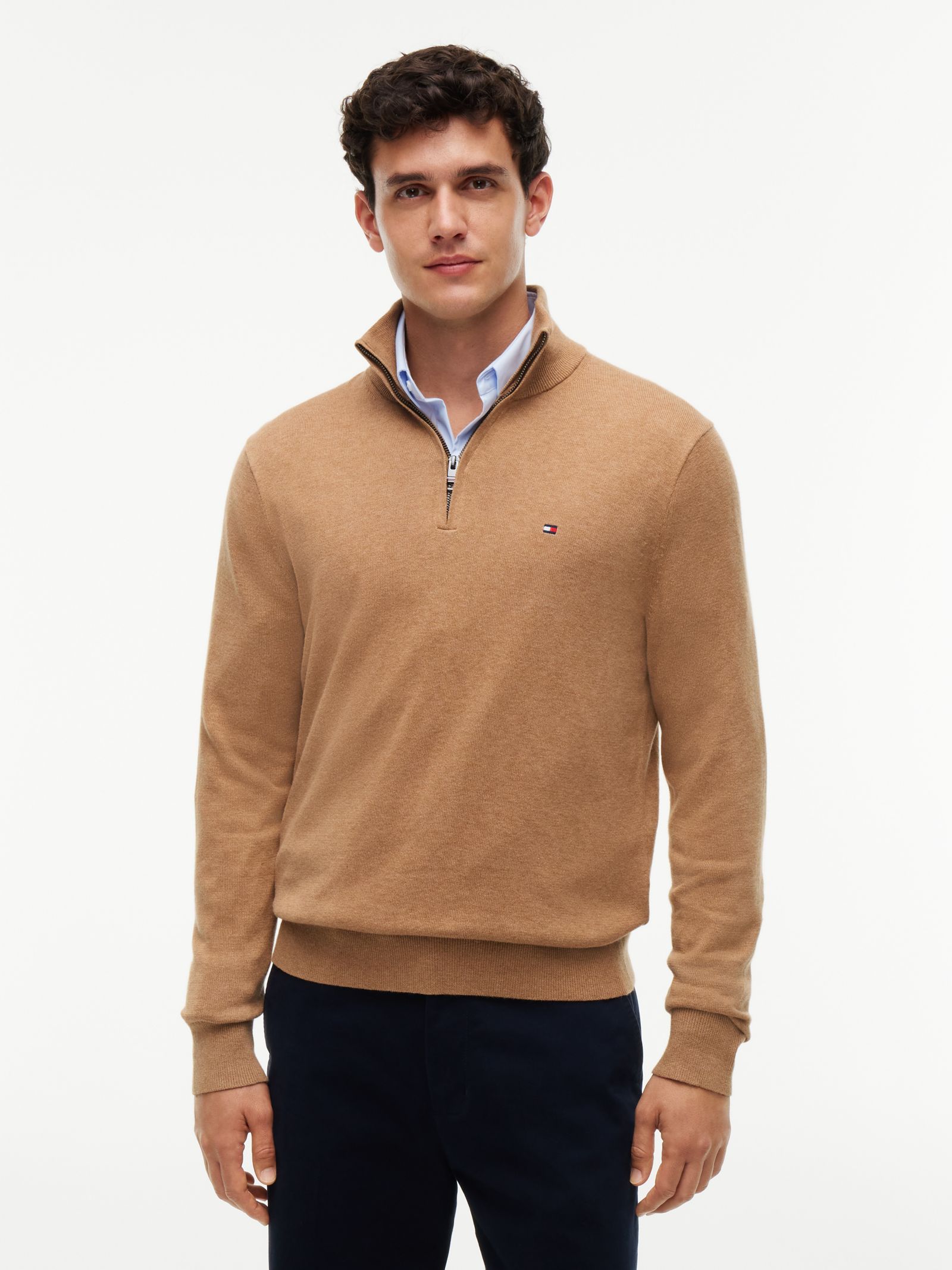 Tommy Hilfiger trui met opstaande hals quarter zip en kasjmier in beige