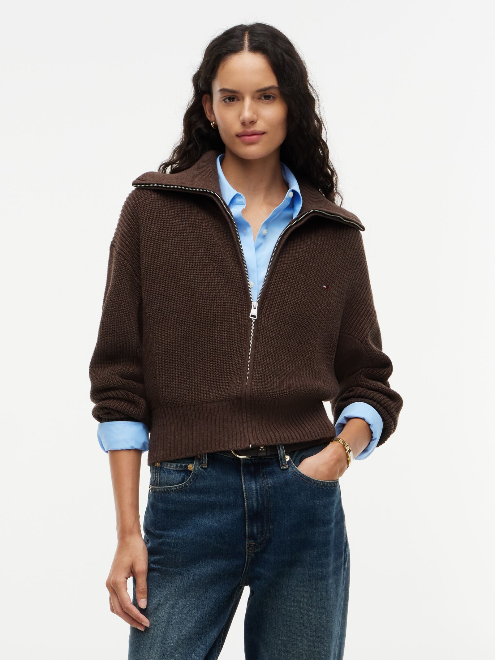 Tommy Hilfiger Trui met tricotsteek en ritssluiting in bruin