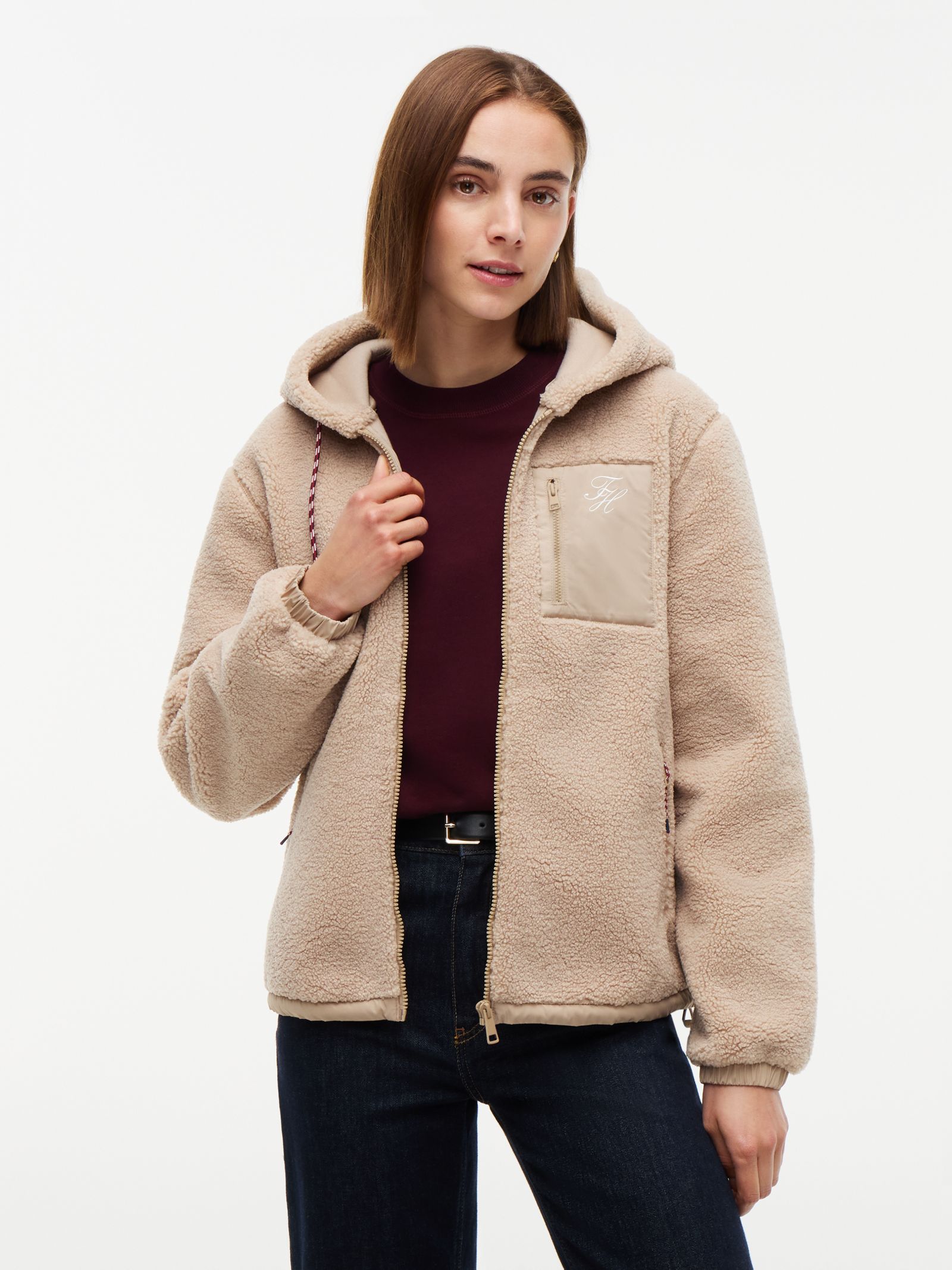 Tommy Hilfiger Teddy fleece jack met rits en capuchon in beige