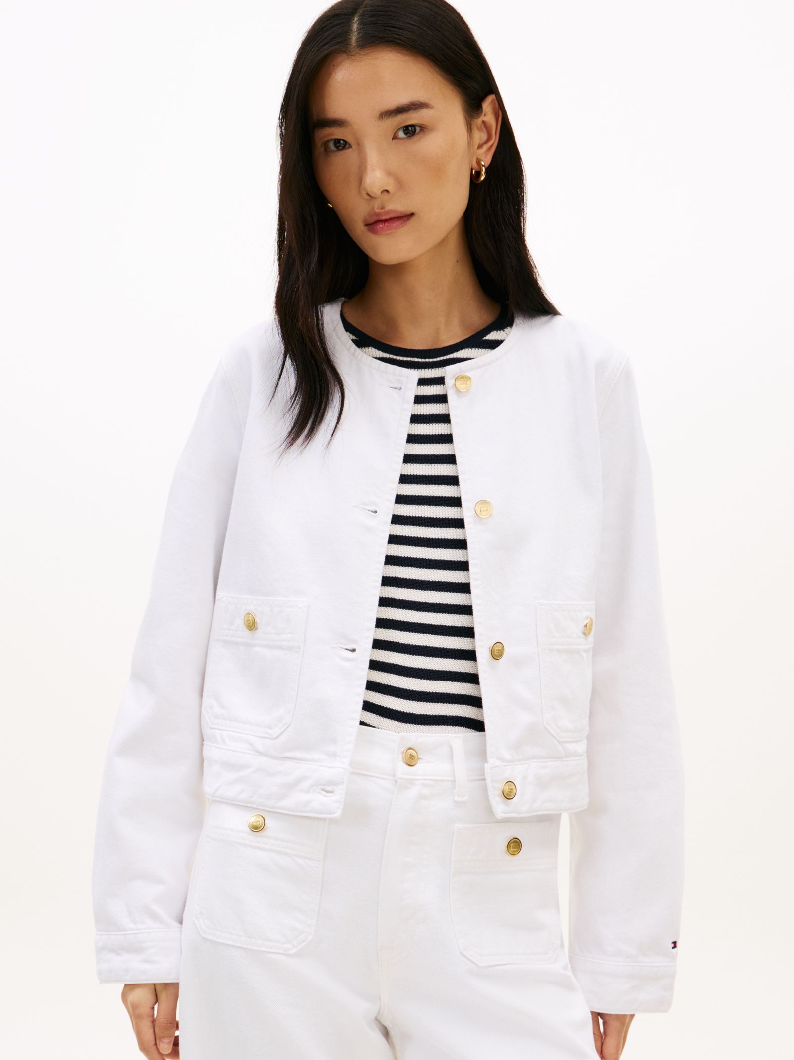 Tommy Hilfiger Kraagloos denim jack met goudkleurige knopen