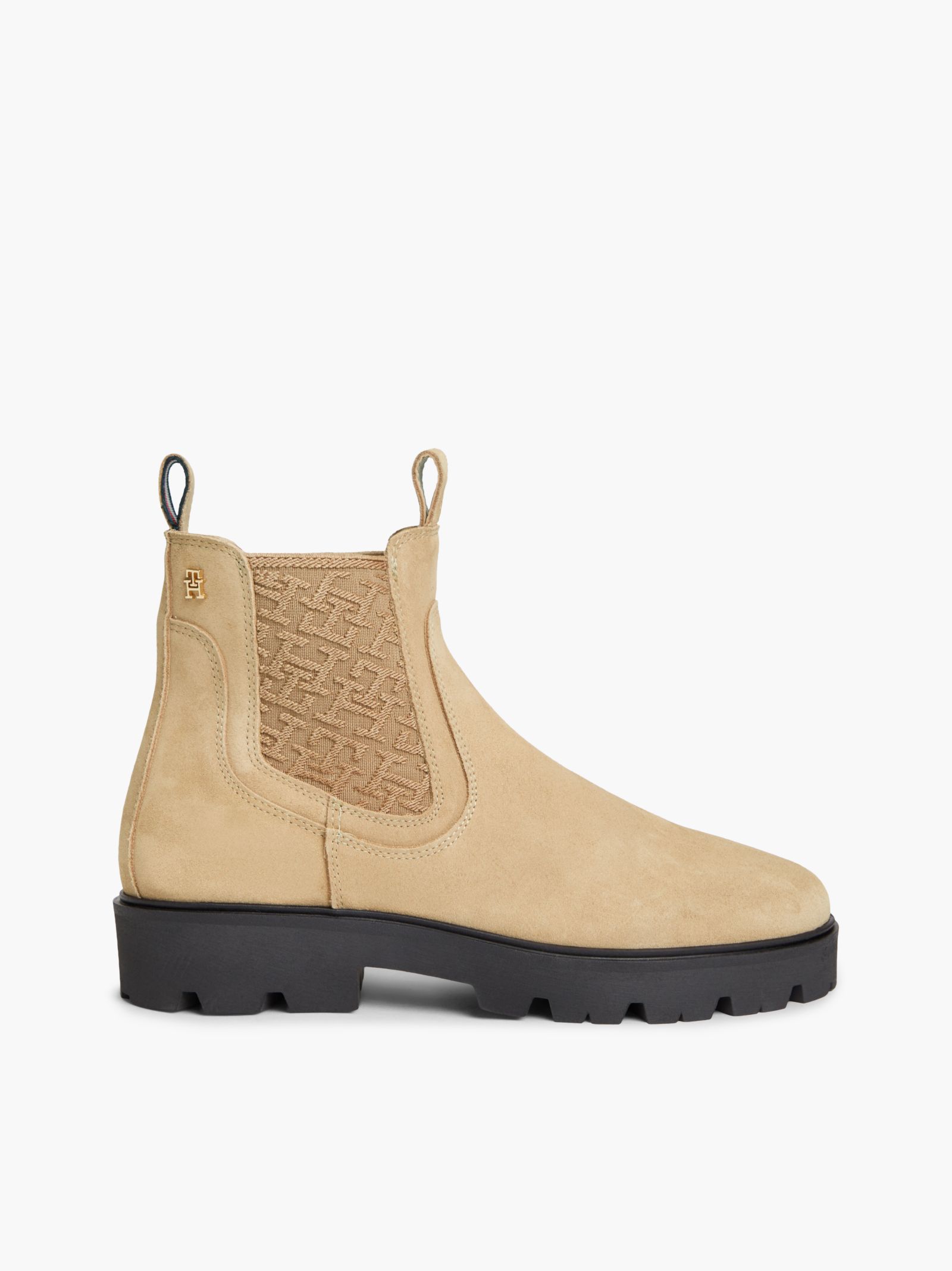 Tommy Hilfiger Suède Chelsea boot met TH monogrampanelen in beige