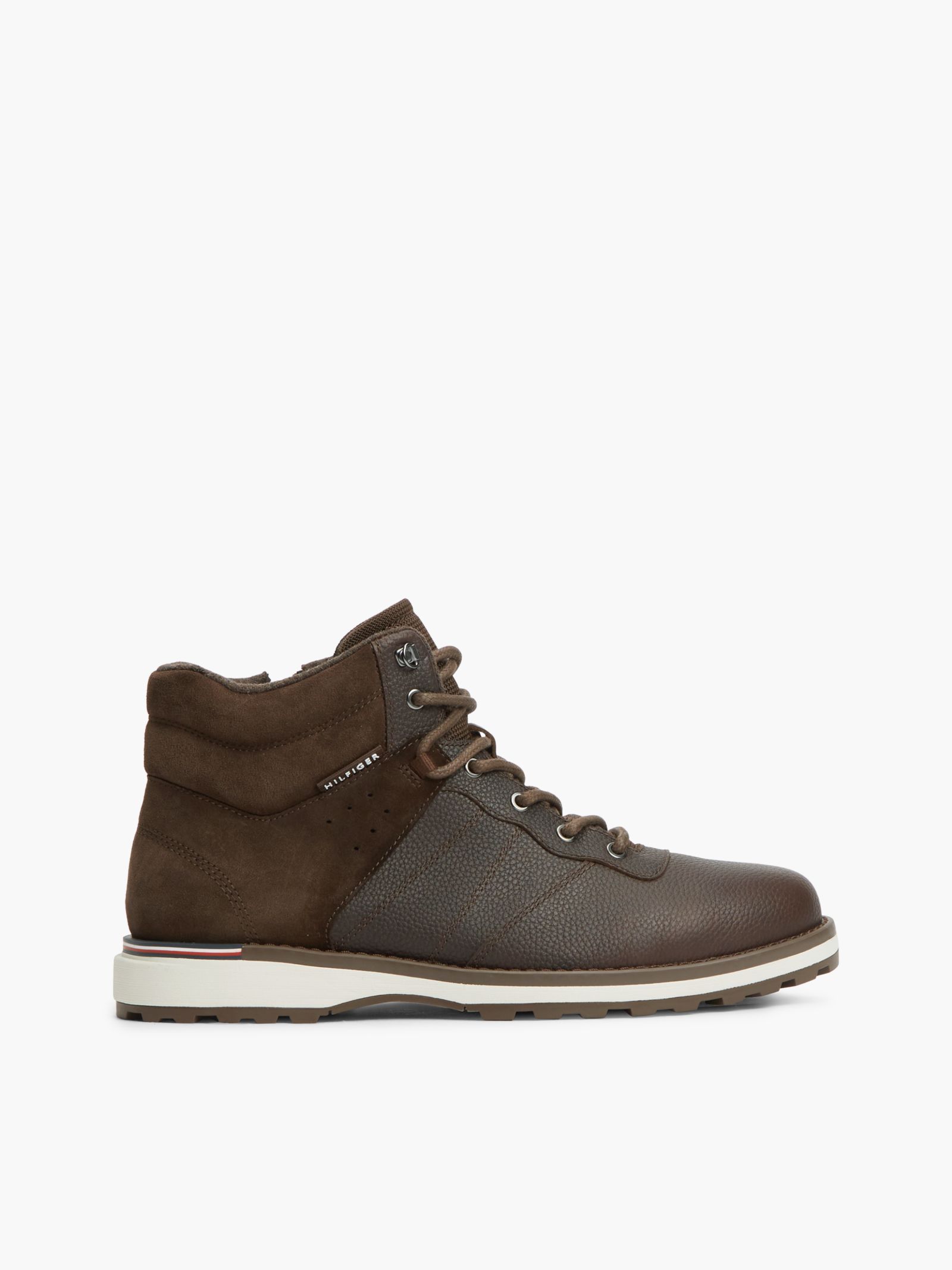 Tommy Hilfiger Outdoor leren laars met profielzool en gemengde textuur in bruin