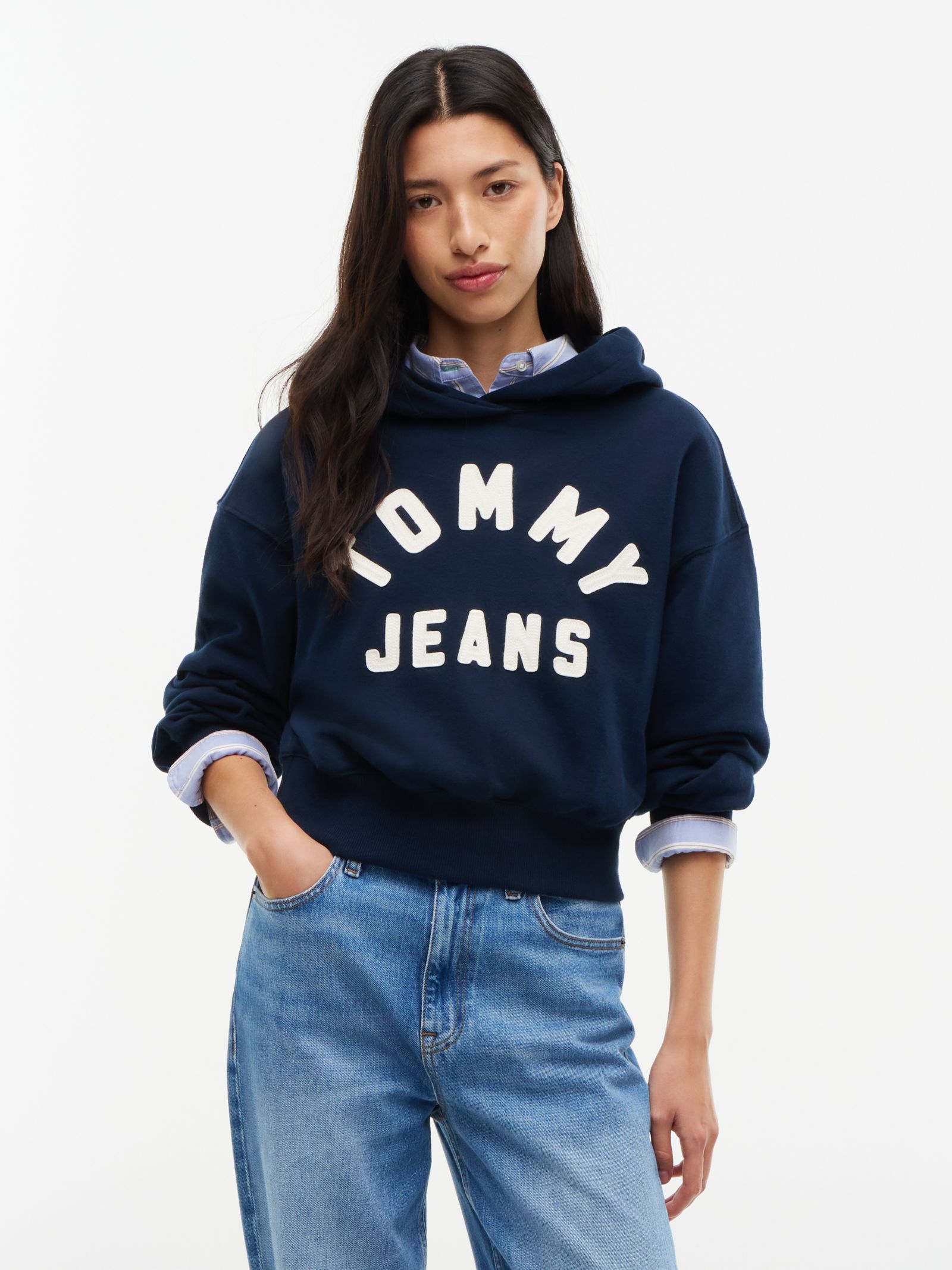 Tommy Jeans oversized fleece hoodie met varsity logo in marine