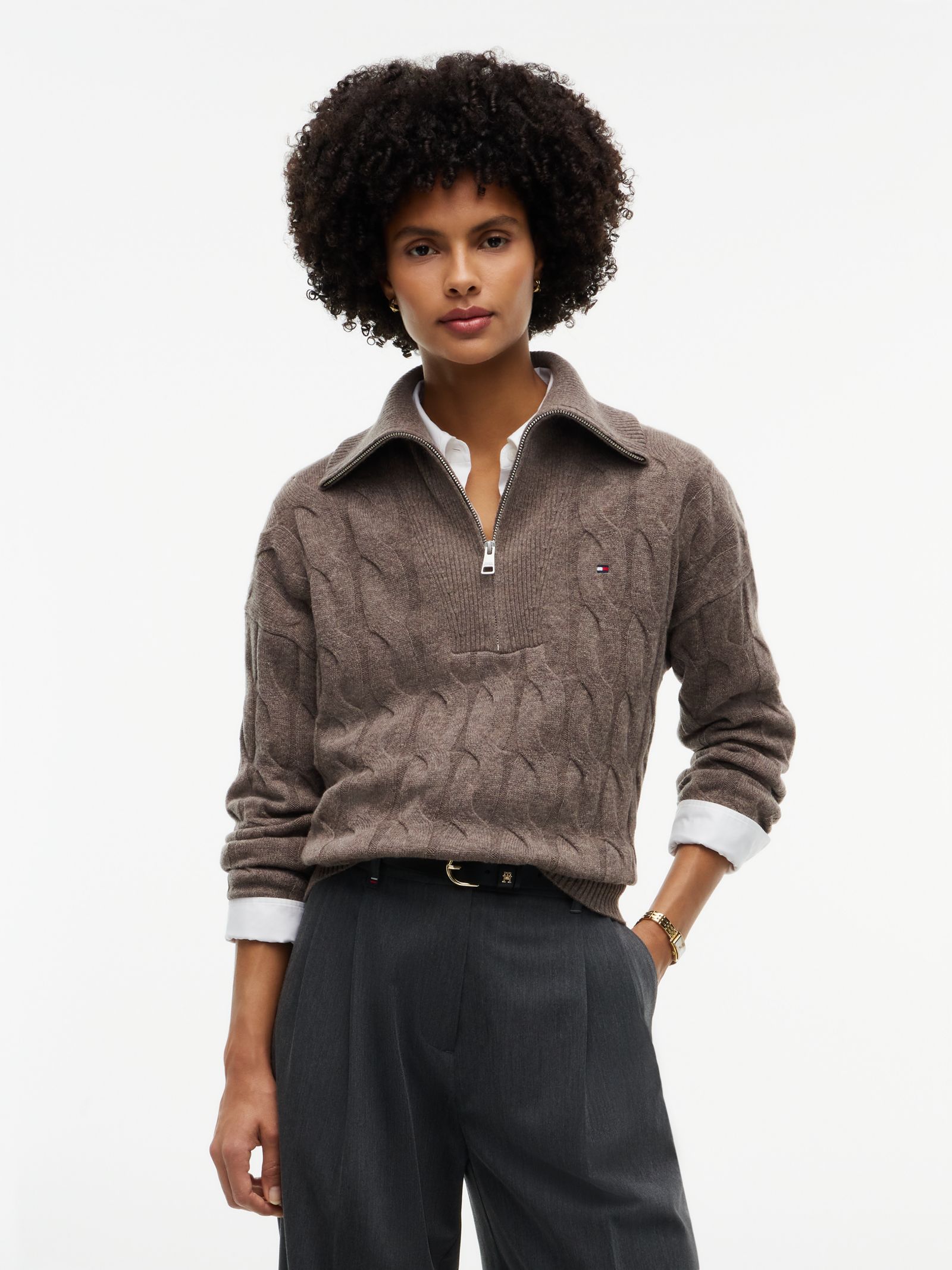Tommy Hilfiger Kabelgebreide trui van zuivere wol met quarter zip in bruin