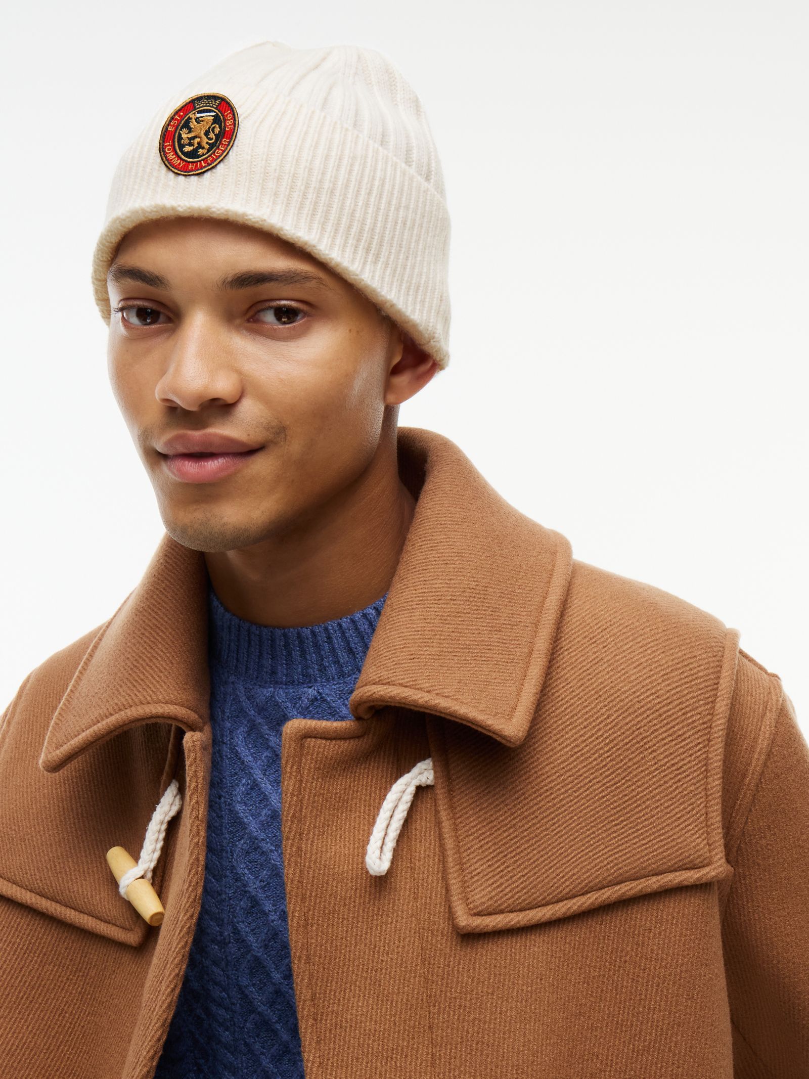 Tommy Hilfiger Ribgebreide muts van lamswolmix met embleem in wit