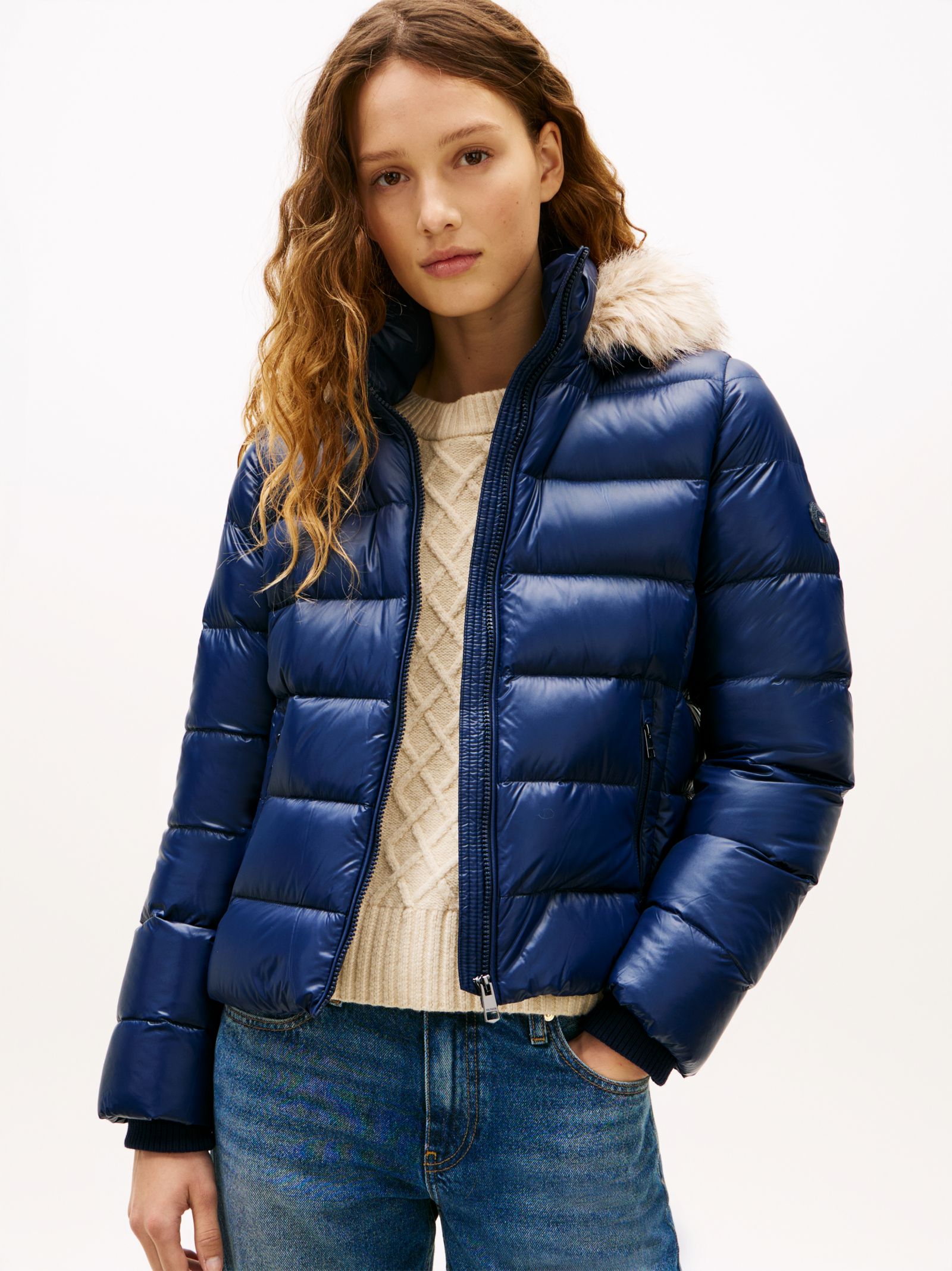 Tommy Hilfiger Shiny waterafstotend donsjack met capuchon in blauw