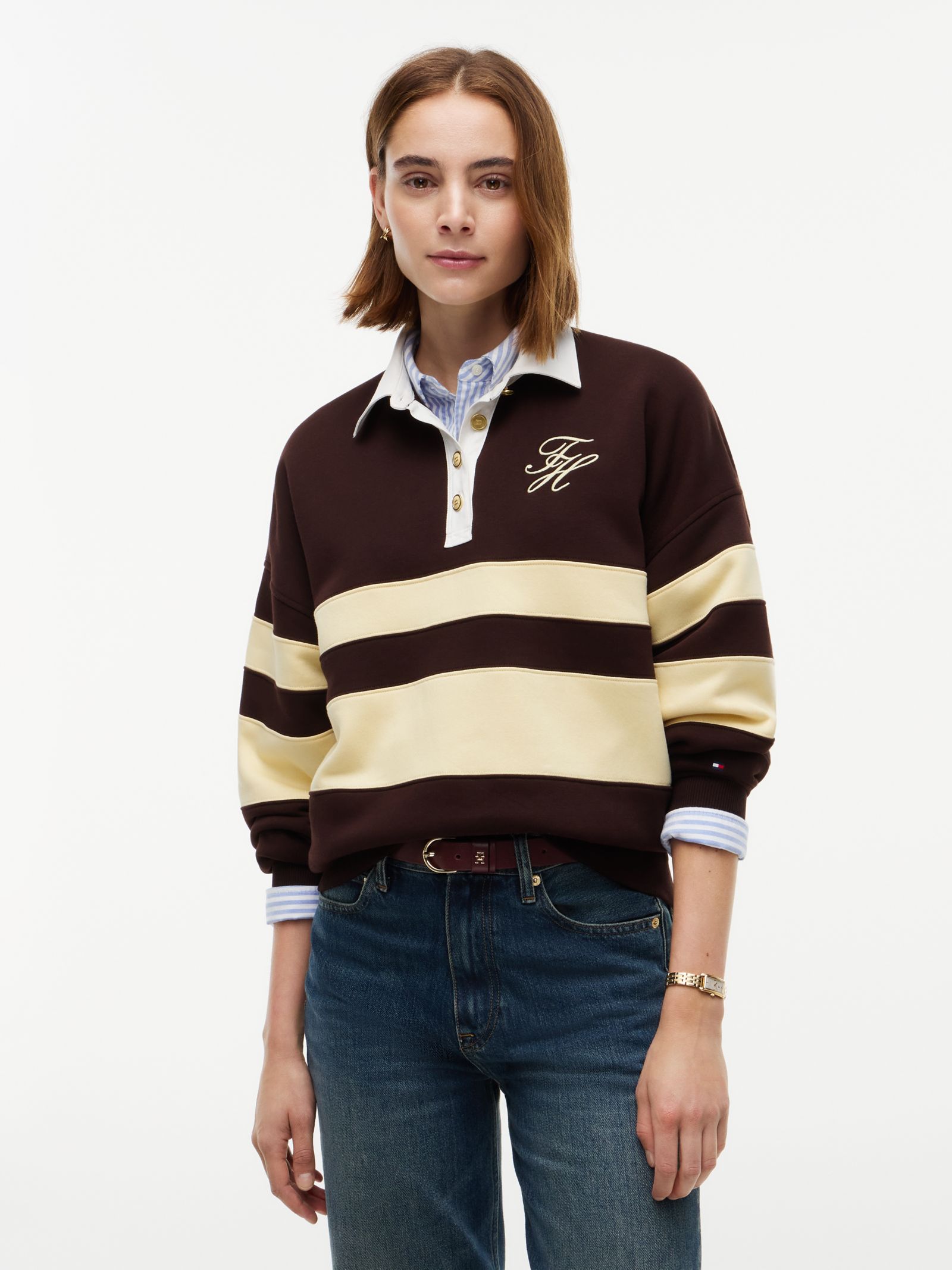 Tommy Hilfiger Gestreepte rugbytrui met goudkleurige knopen