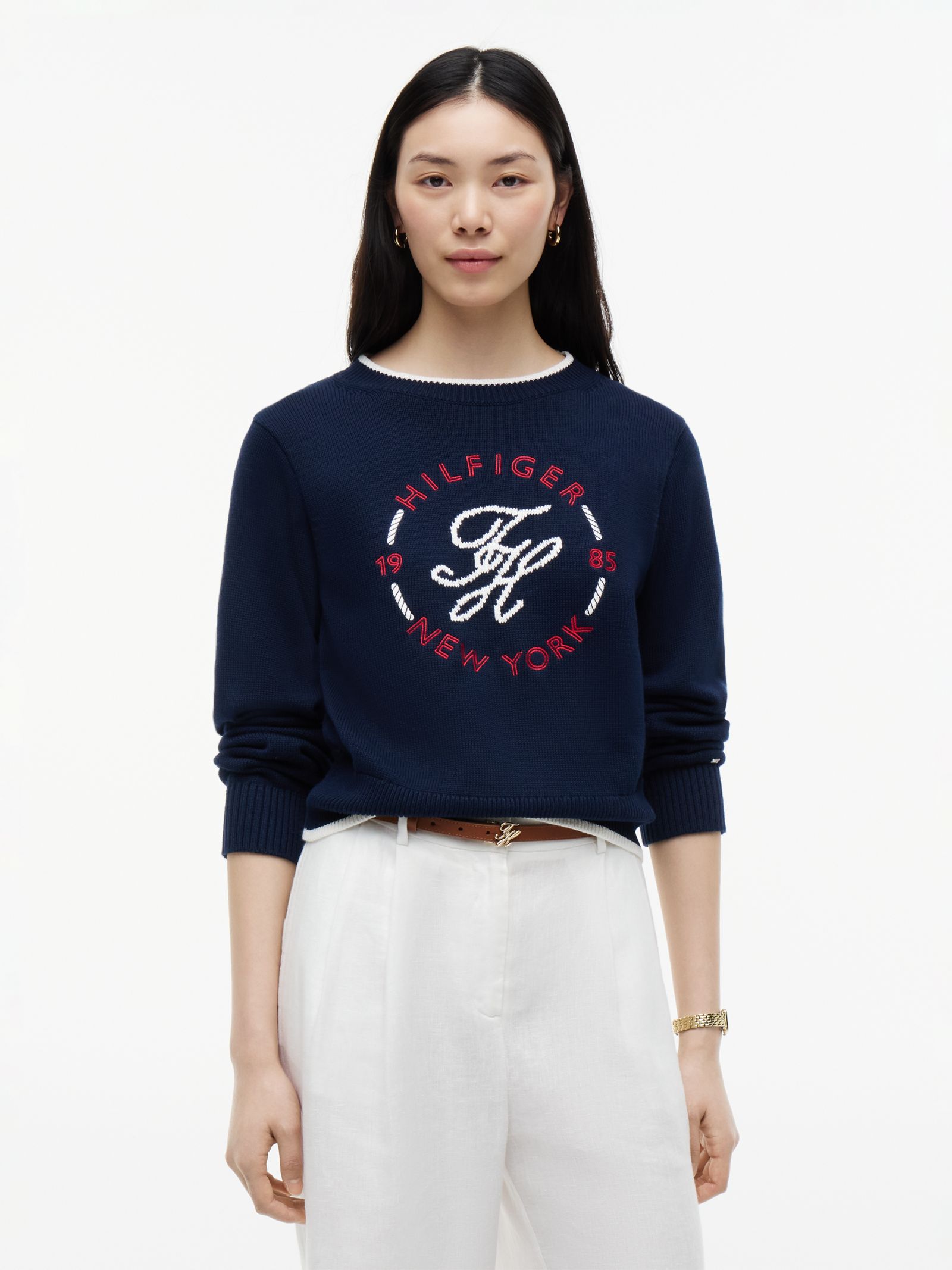 Tommy Hilfiger Relaxed fit trui met ronde hals en geborduurd logo in marine