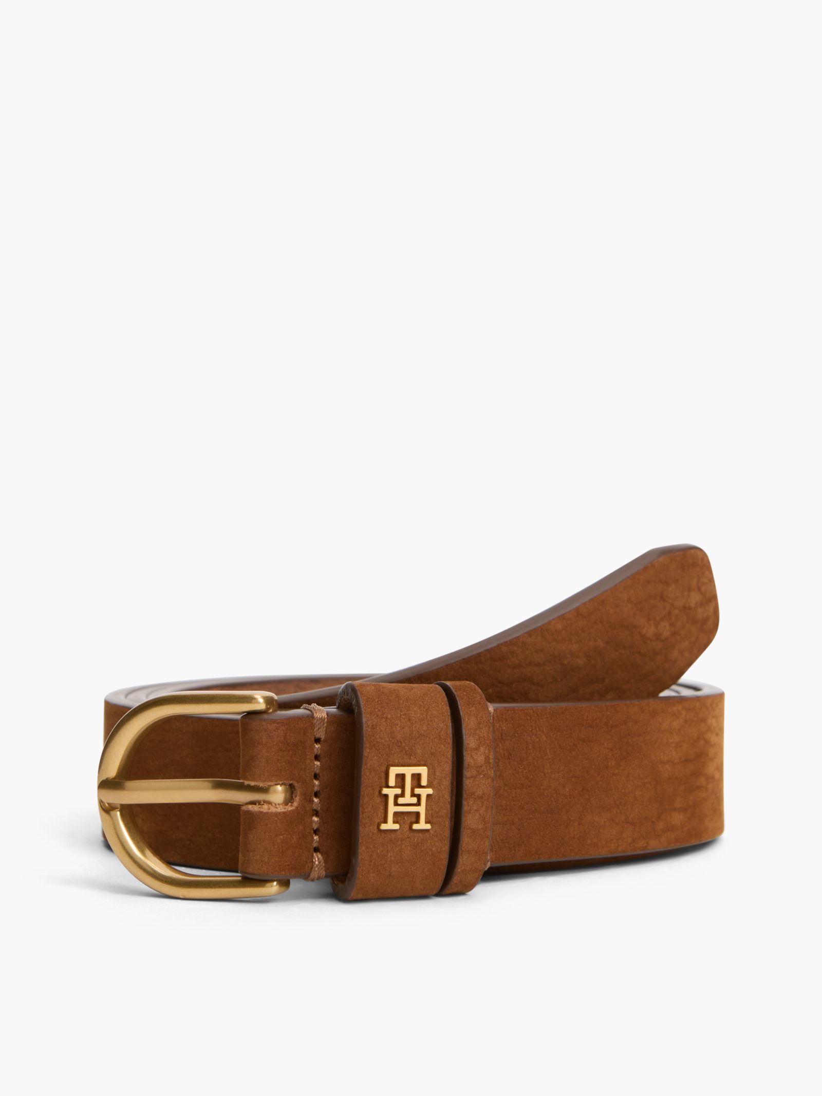 Tommy Hilfiger Leren riem met ronde messing gesp in bruin