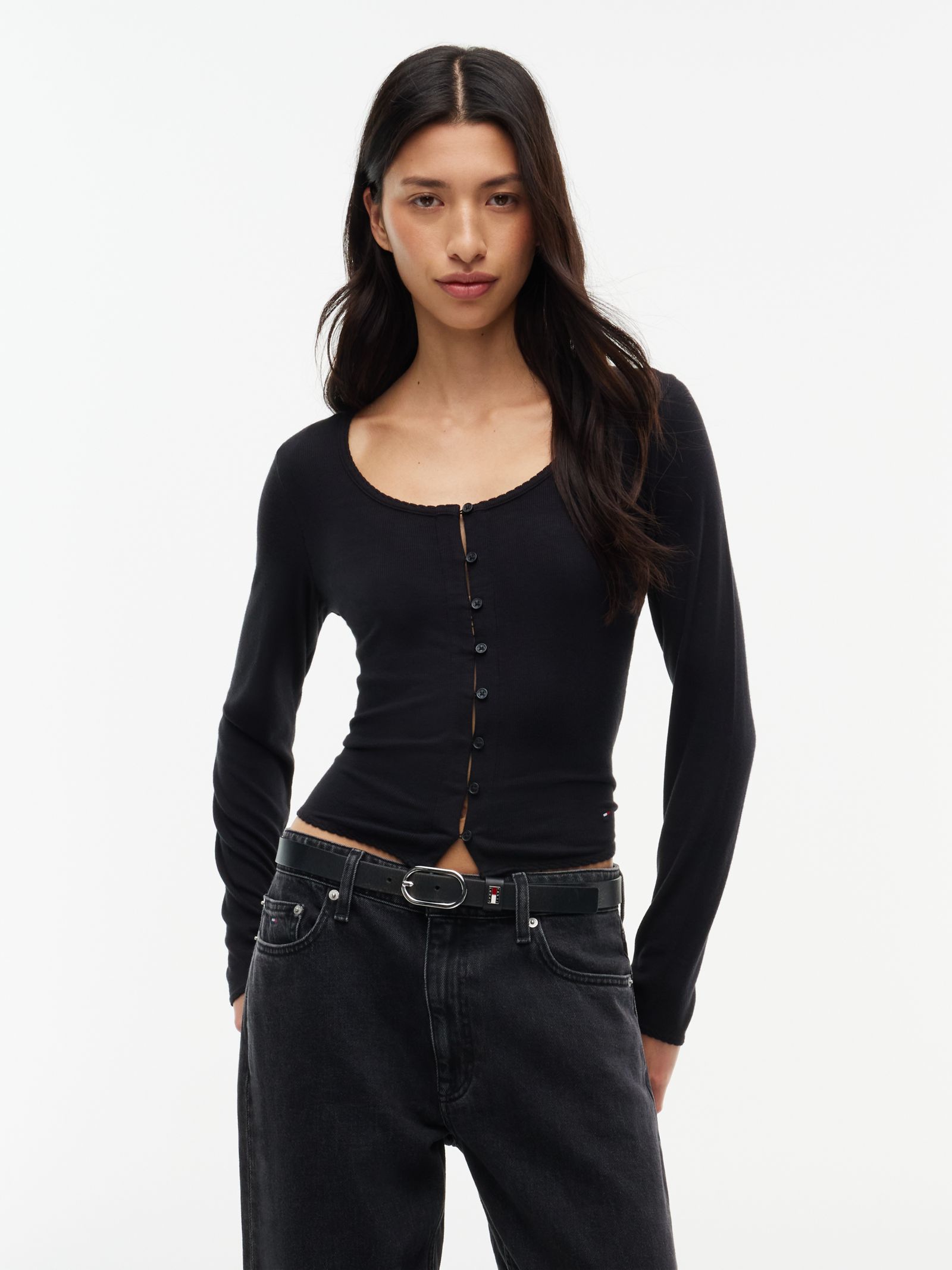 Tommy Jeans slim fit geribde longsleeve in zwart