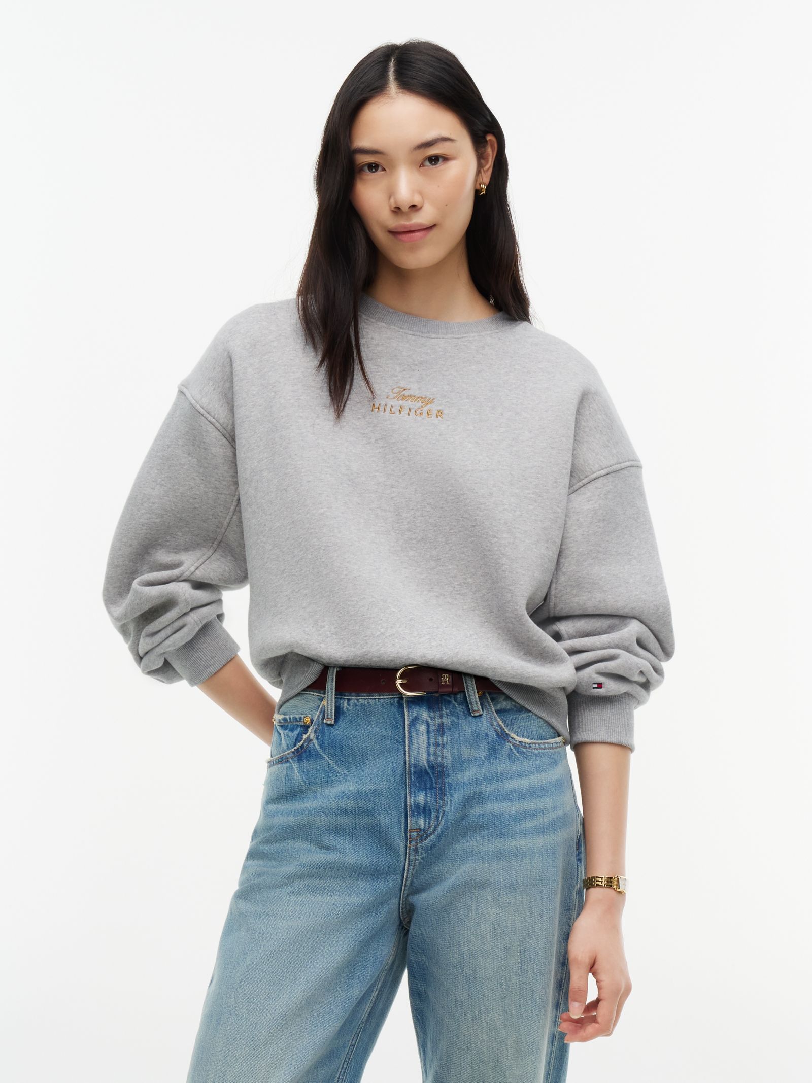 Tommy Hilfiger relaxed fit trui met ronde hals en geborduurd logo in grijs