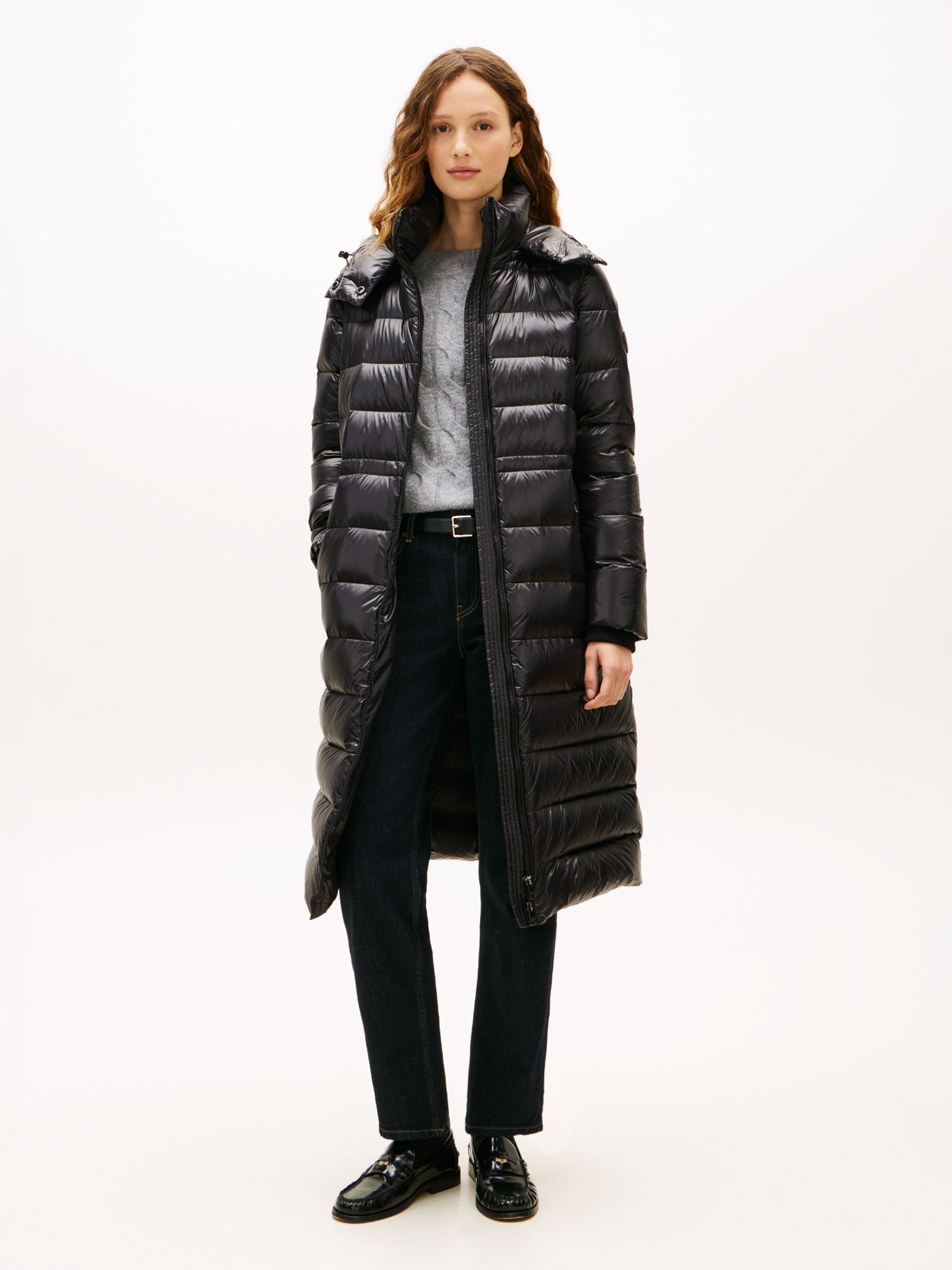 Tommy Hilfiger Lange glanzende pufferjas met dons in zwart