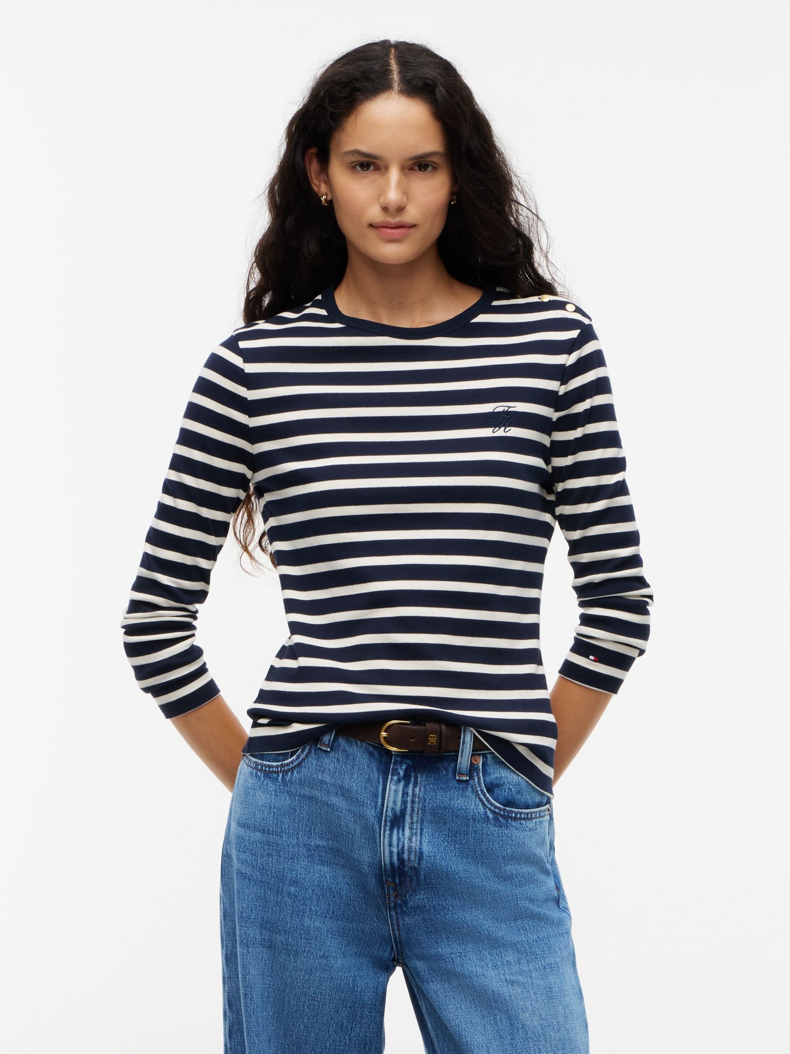 Tommy Hilfiger Slim fit longsleeve met goudkleurige knopen in marine