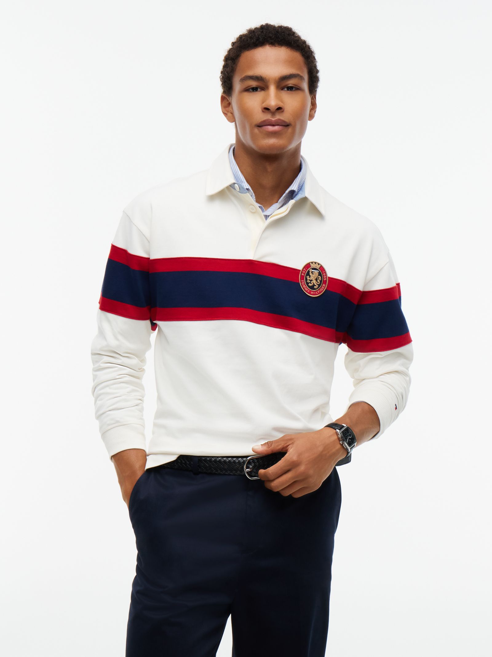 Tommy Hilfiger relaxed fit colour blocked rugbyshirt met embleem