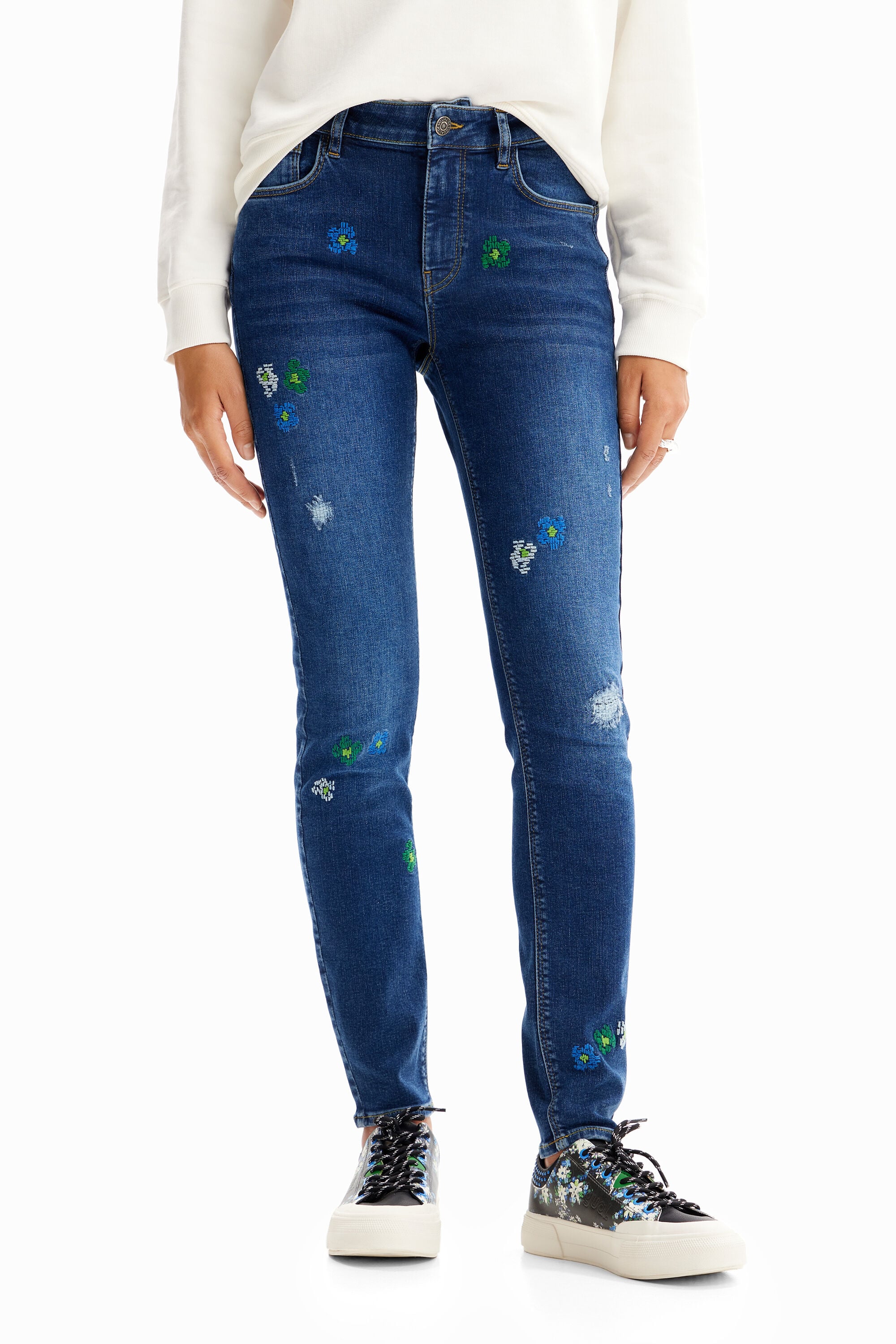 Desigual Push-up skinny jeans met borduursels in blauw