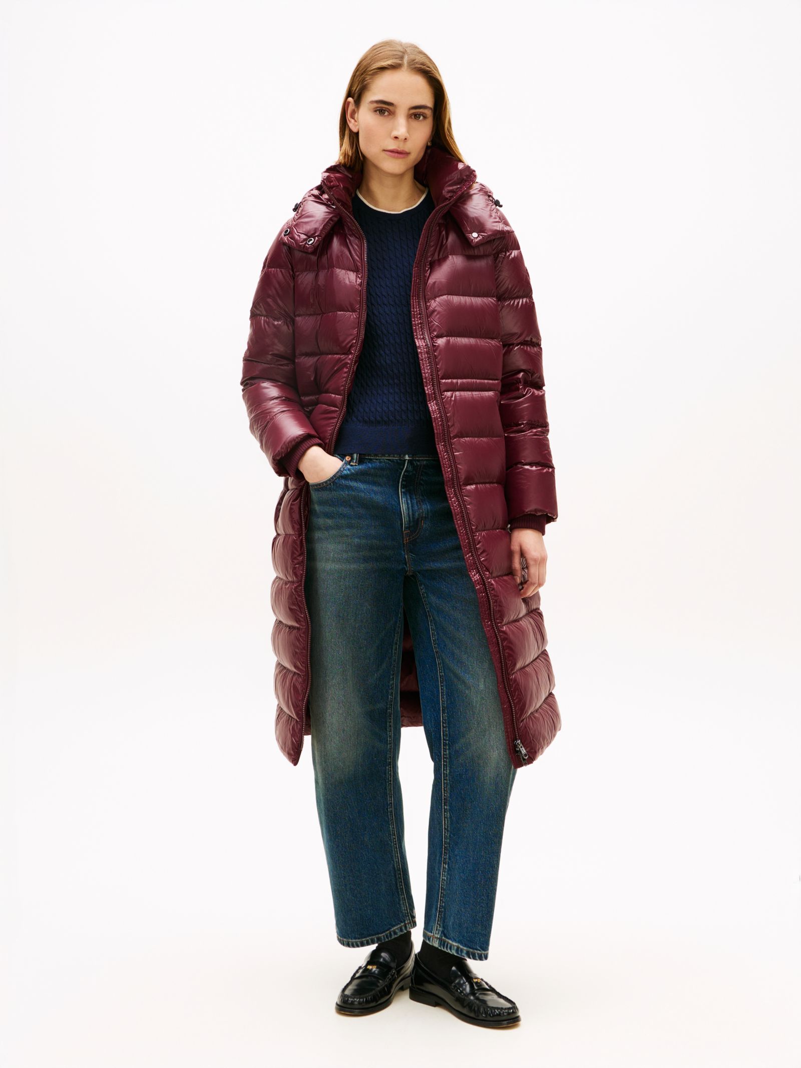 Tommy Hilfiger Lange glanzende pufferjas met dons in rood