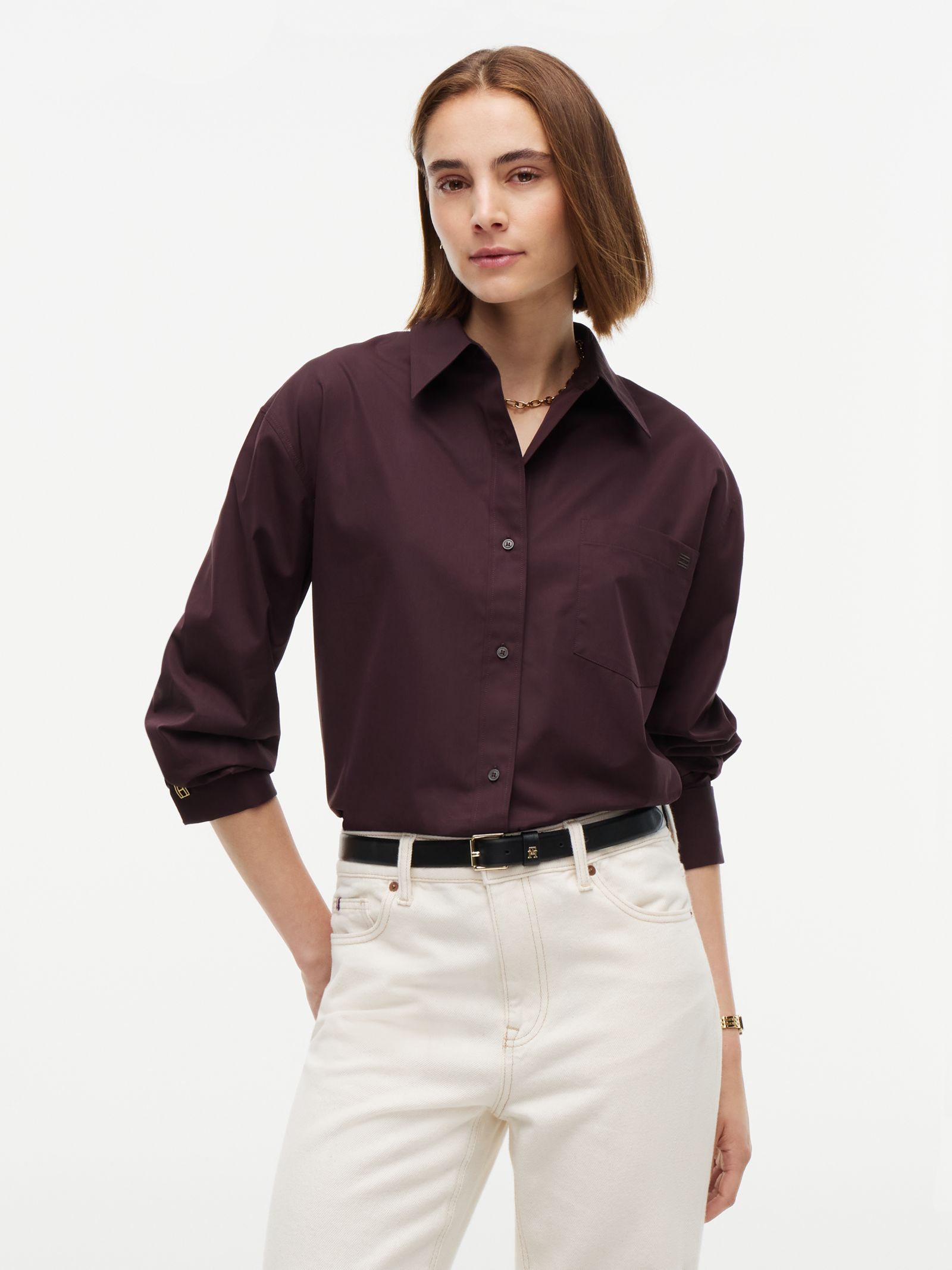 Tommy Hilfiger Relaxed Fit Poplin overhemd met dubbele manchet in bruin