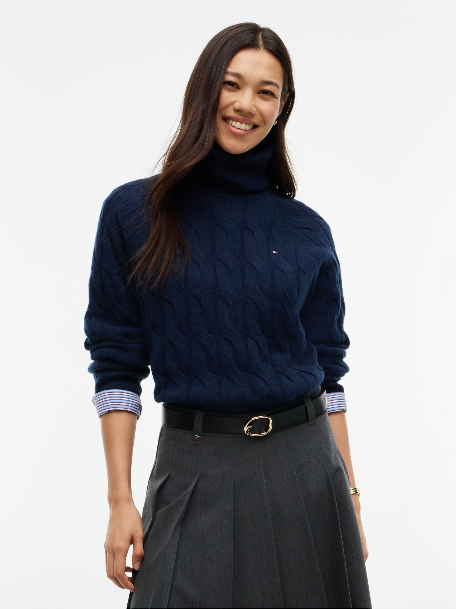 Tommy Hilfiger Kabelgebreide coltrui van zuivere wol in marine