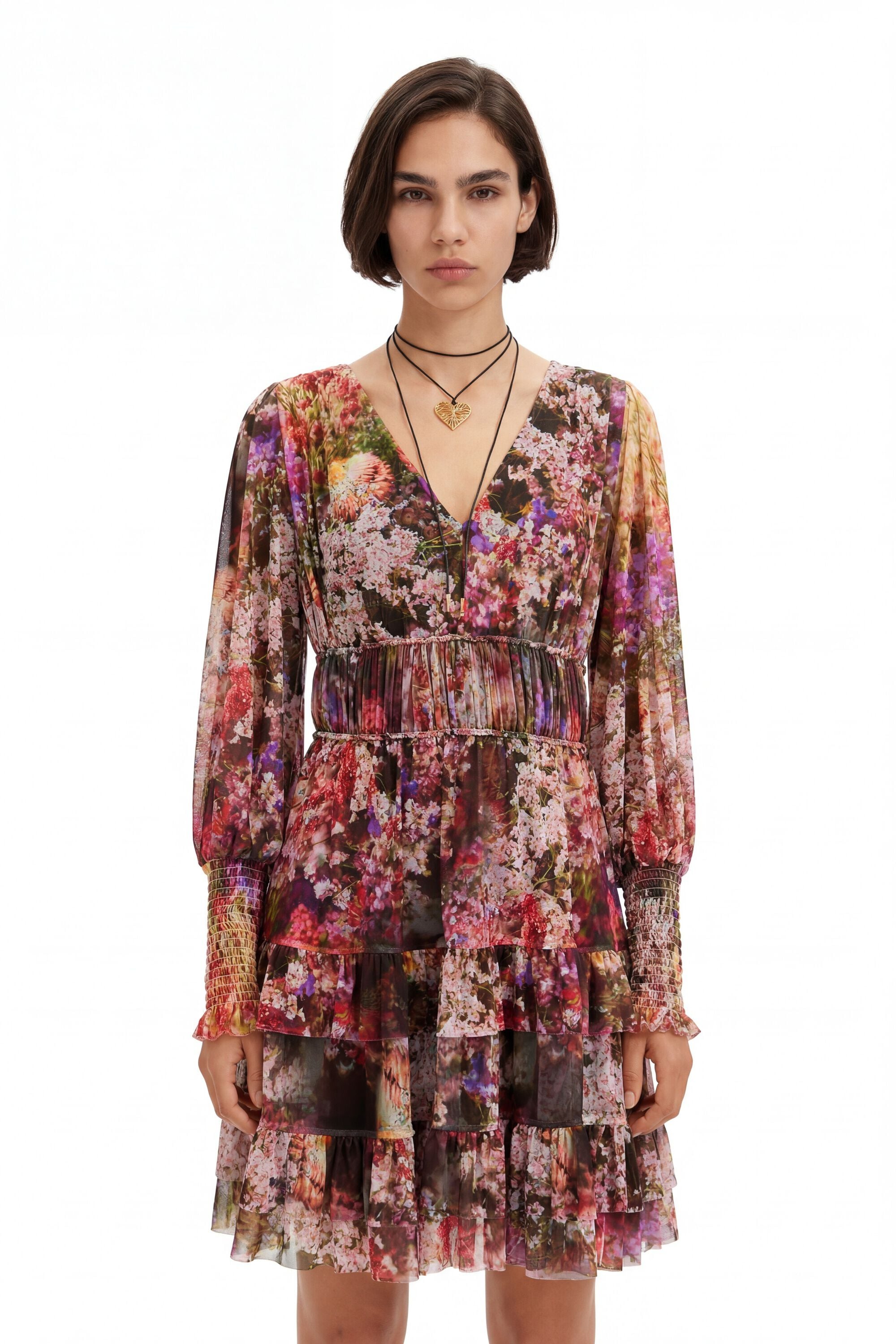 Desigual Korte jurk met lange pofmouwen en bloemenprint.