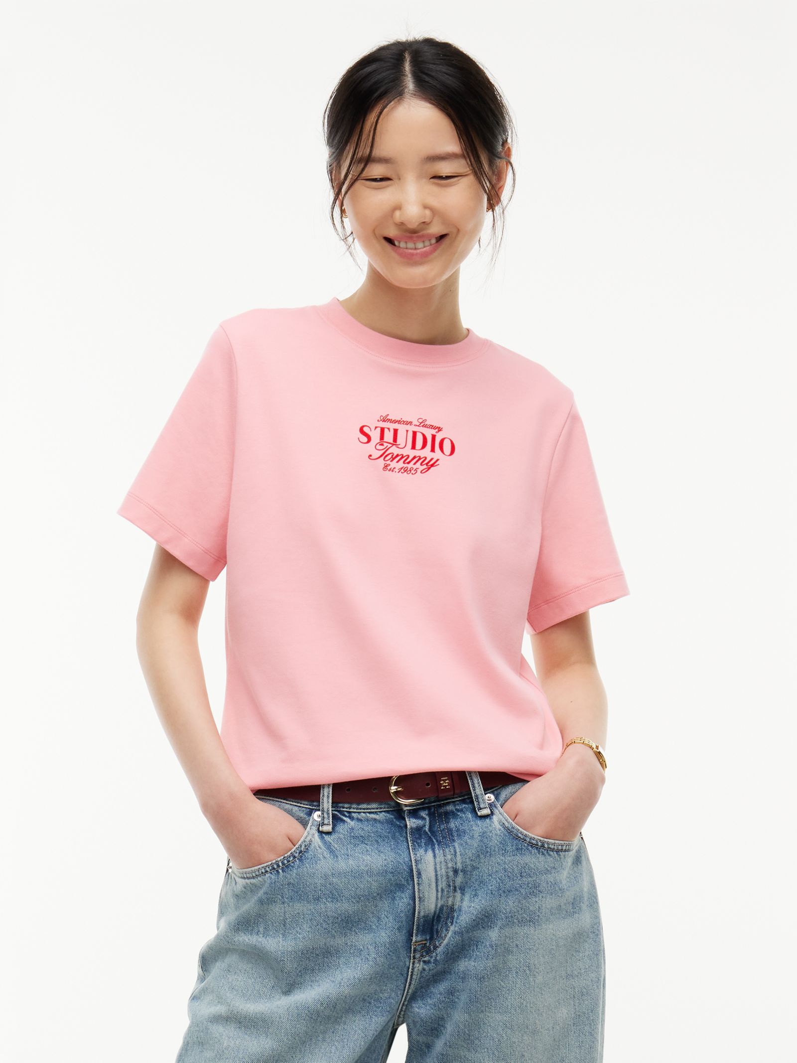 Tommy Hilfiger interlock gebreid T-shirt met logo en ronde hals in roze