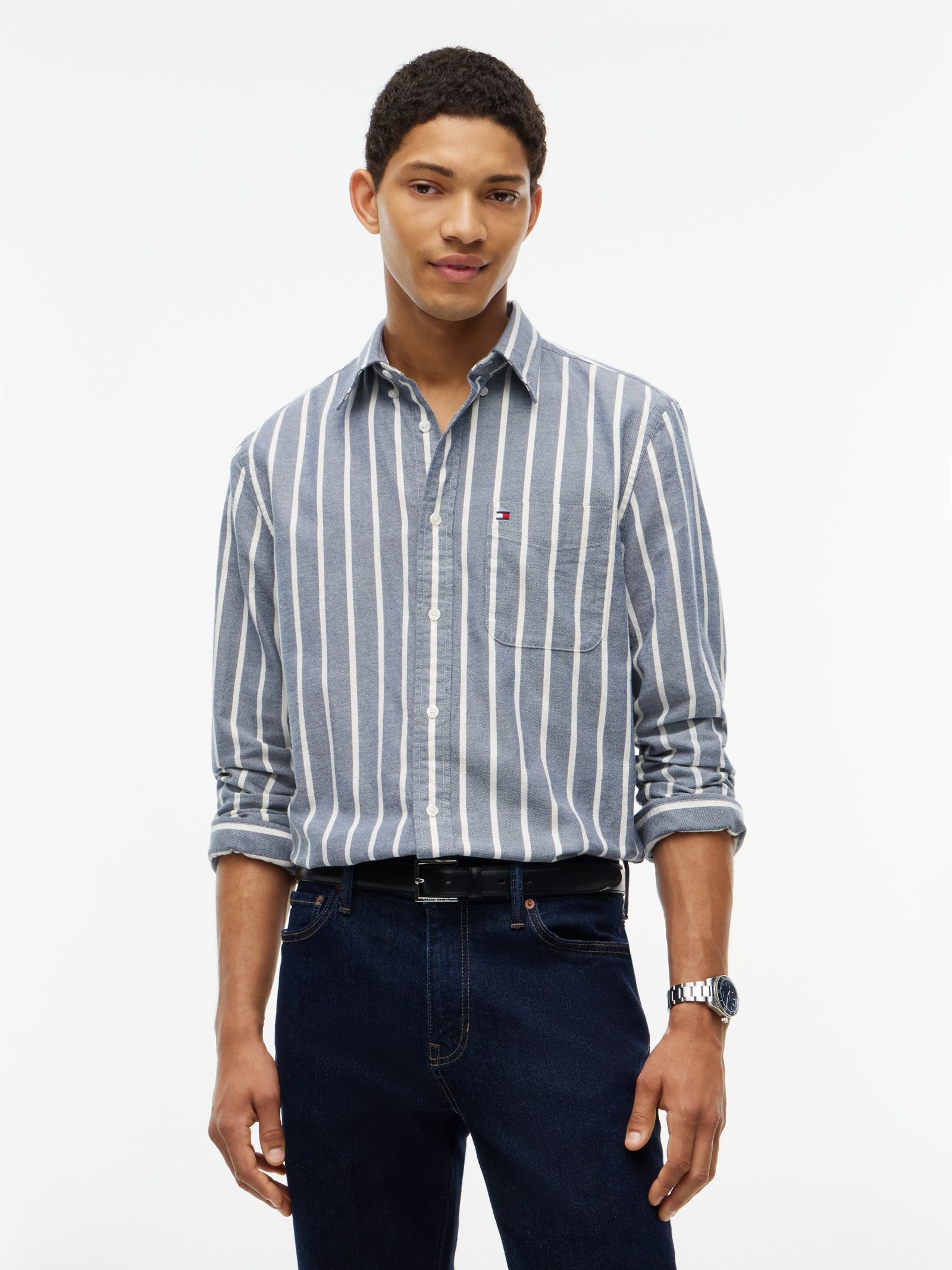 Tommy Hilfiger Gestreept regular fit overhemd van geborsteld flanel in blauw