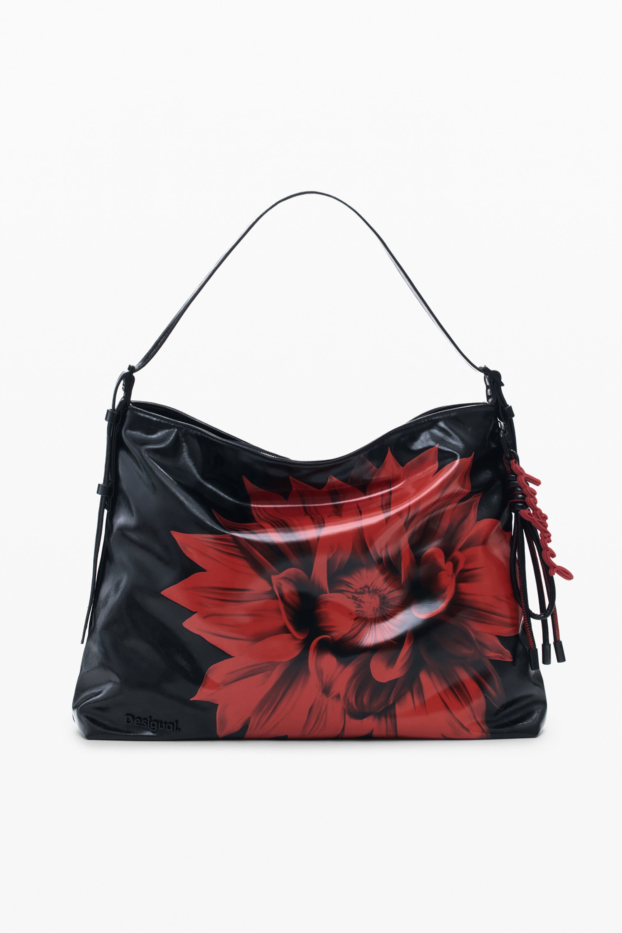 Desigual Middelgrote schoudertas met glanzende bloem in zwart