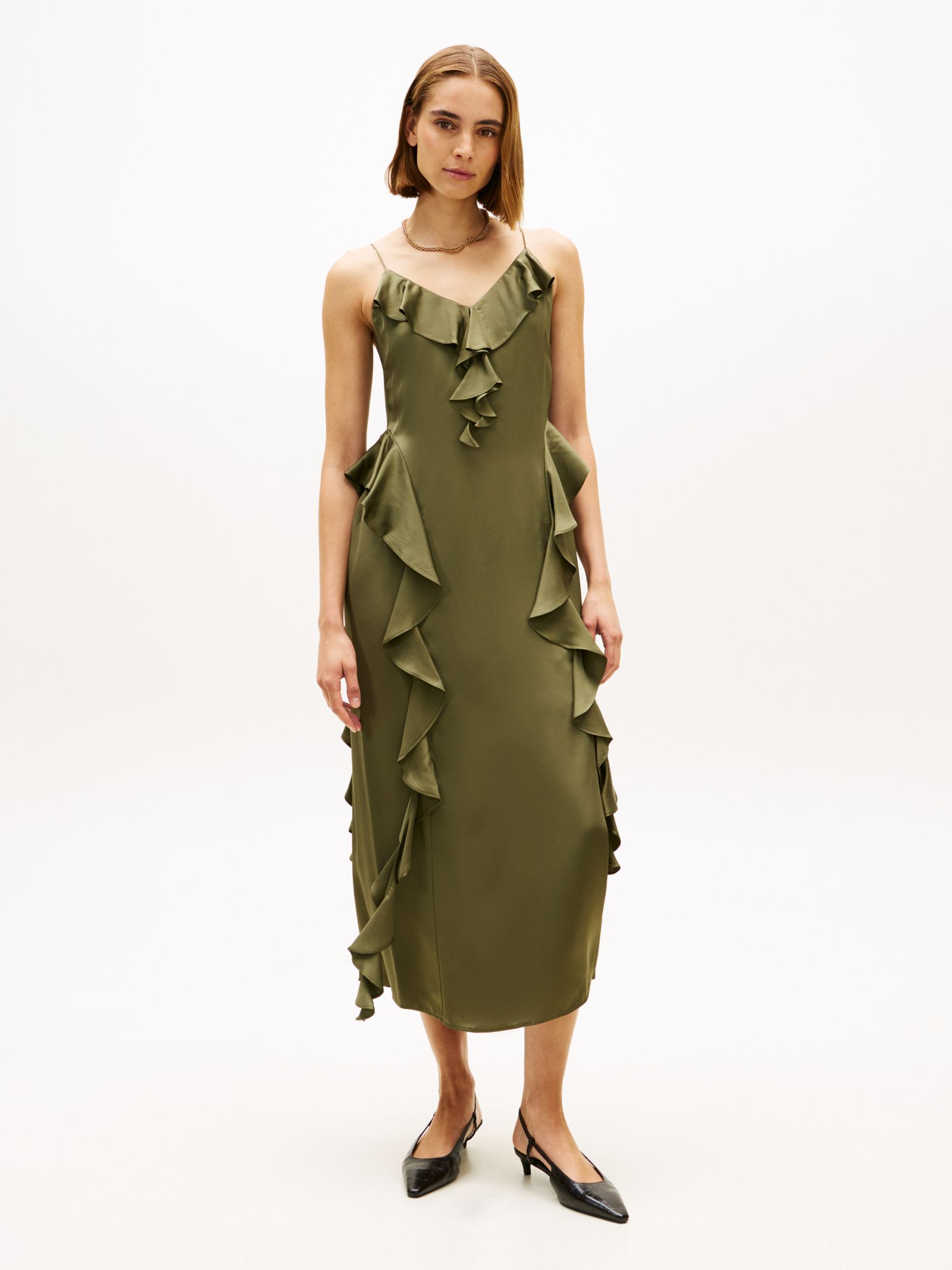 Tommy Hilfiger Lange slipdress van satinet met ruches