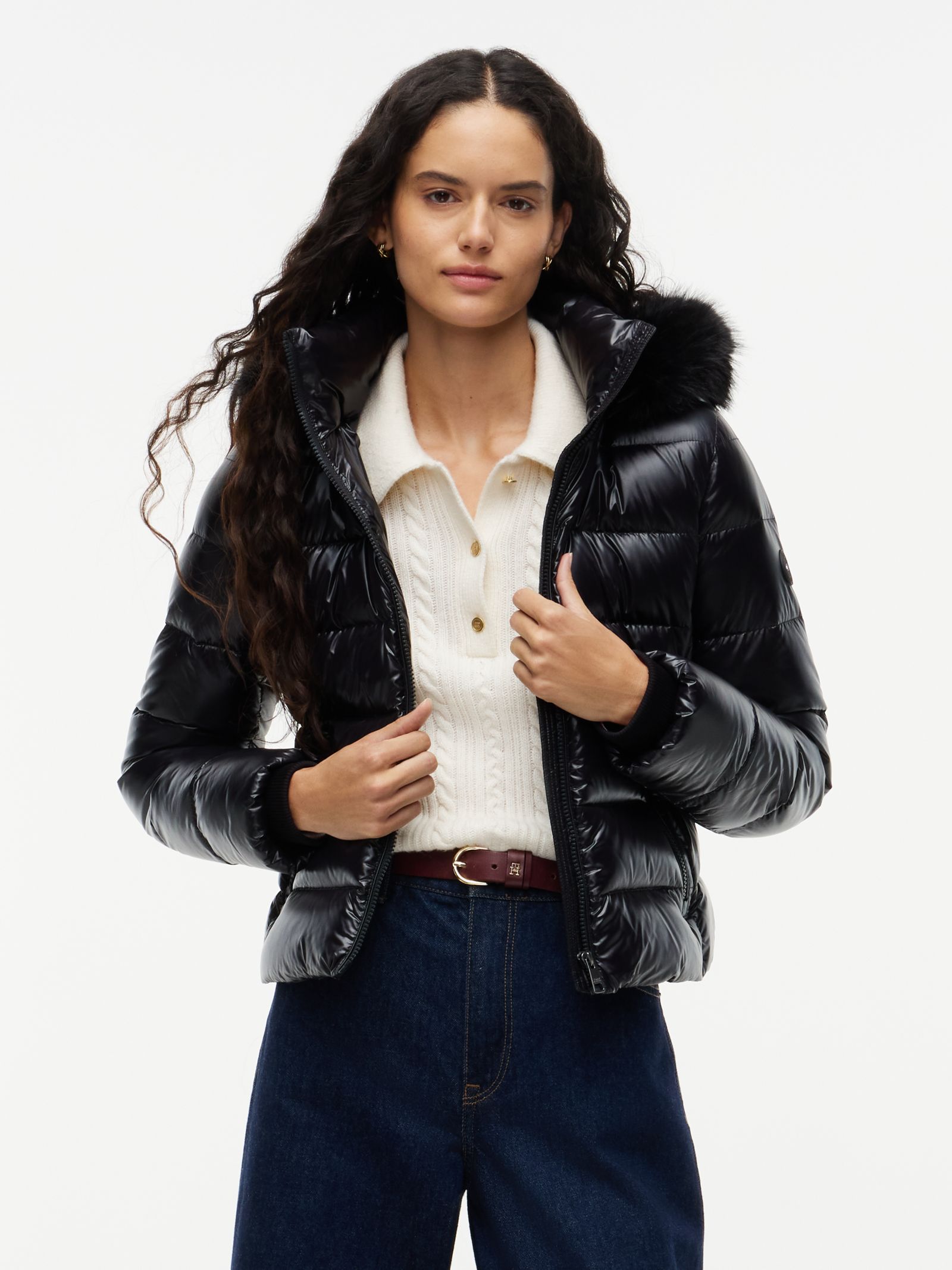 Tommy Hilfiger Glanzend getailleerd donsjack met capuchon van imitatiebont in zwart