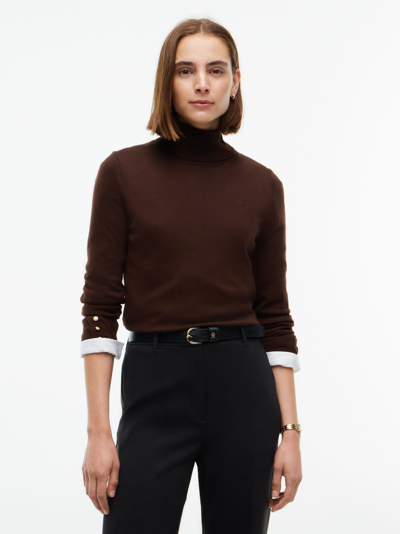 Tommy Hilfiger Slim Fit trui van zuivere wol met col in bruin