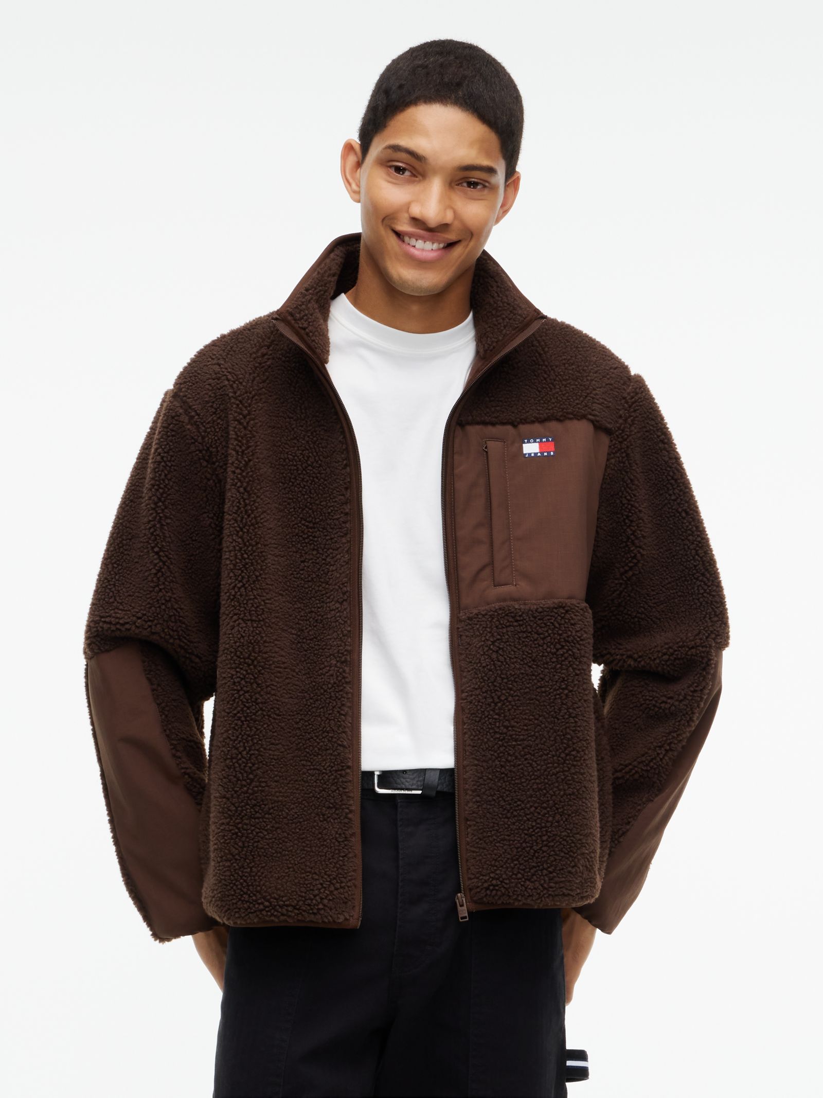 Tommy Jeans teddy fleece jack met gemengde texturen in bruin