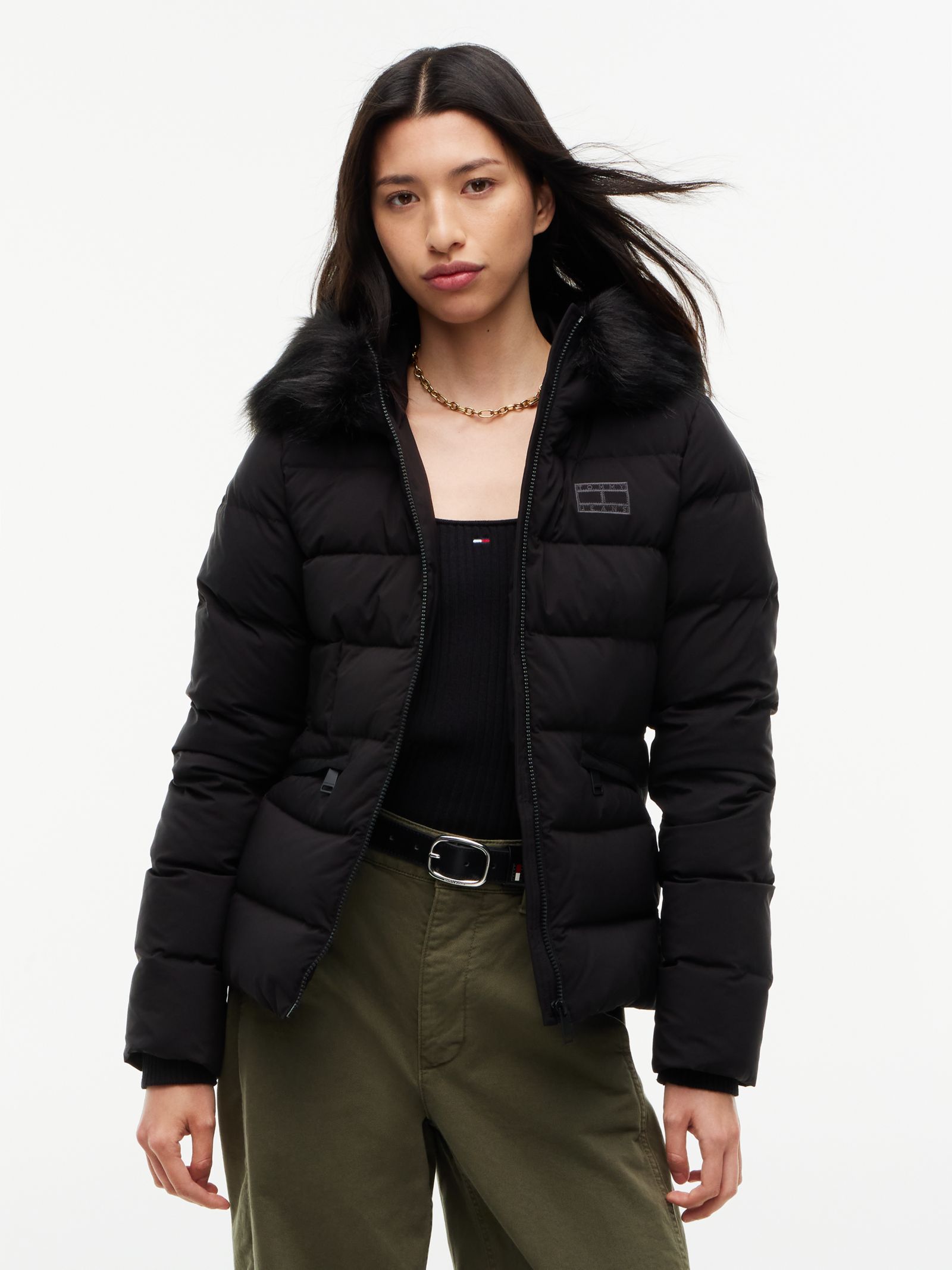 Tommy Jeans Slim fit pufferjack met dons en capuchon in zwart
