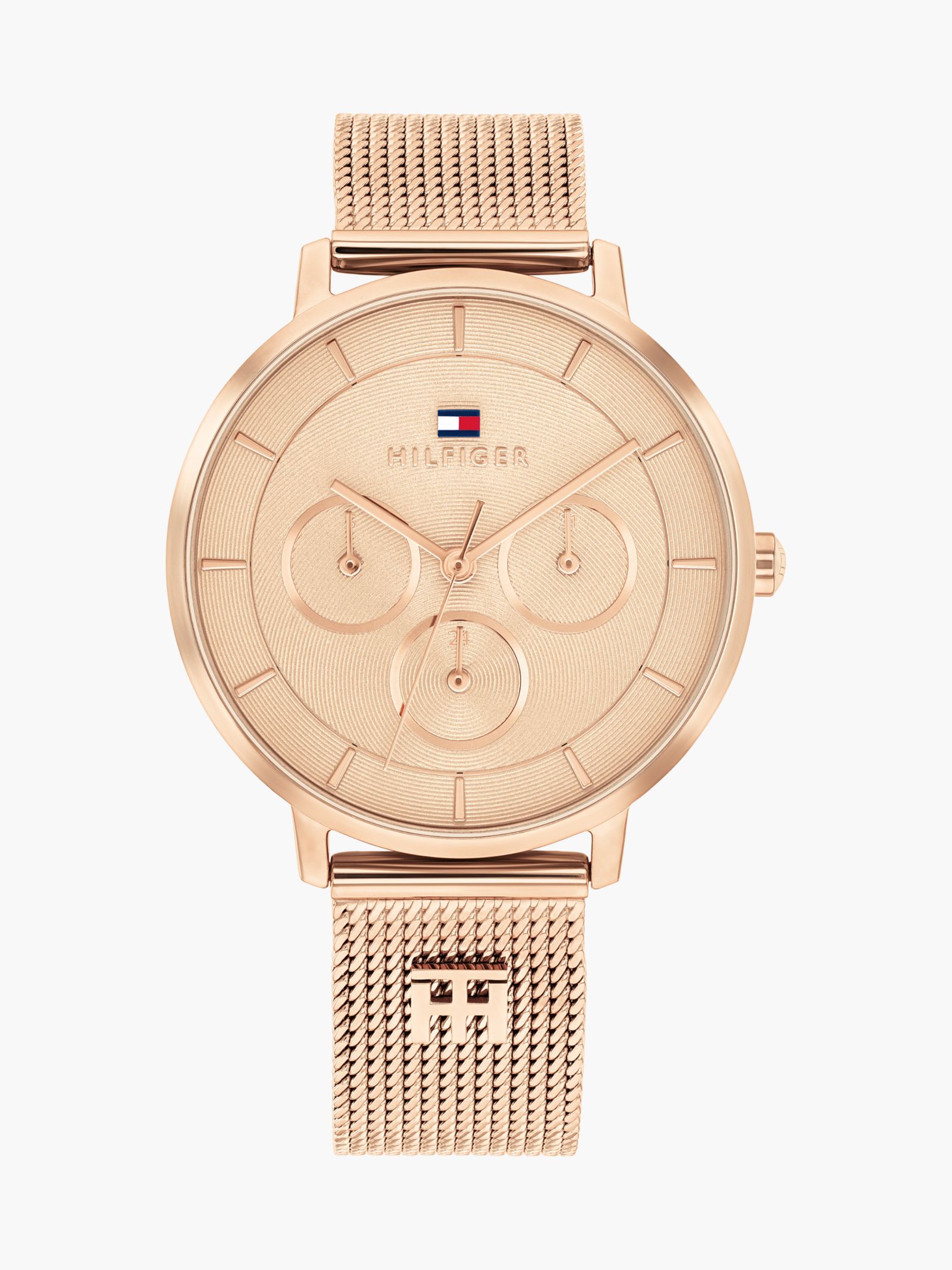 Tommy Hilfiger Horloge met rosévergulde mesh band en TH Monogram