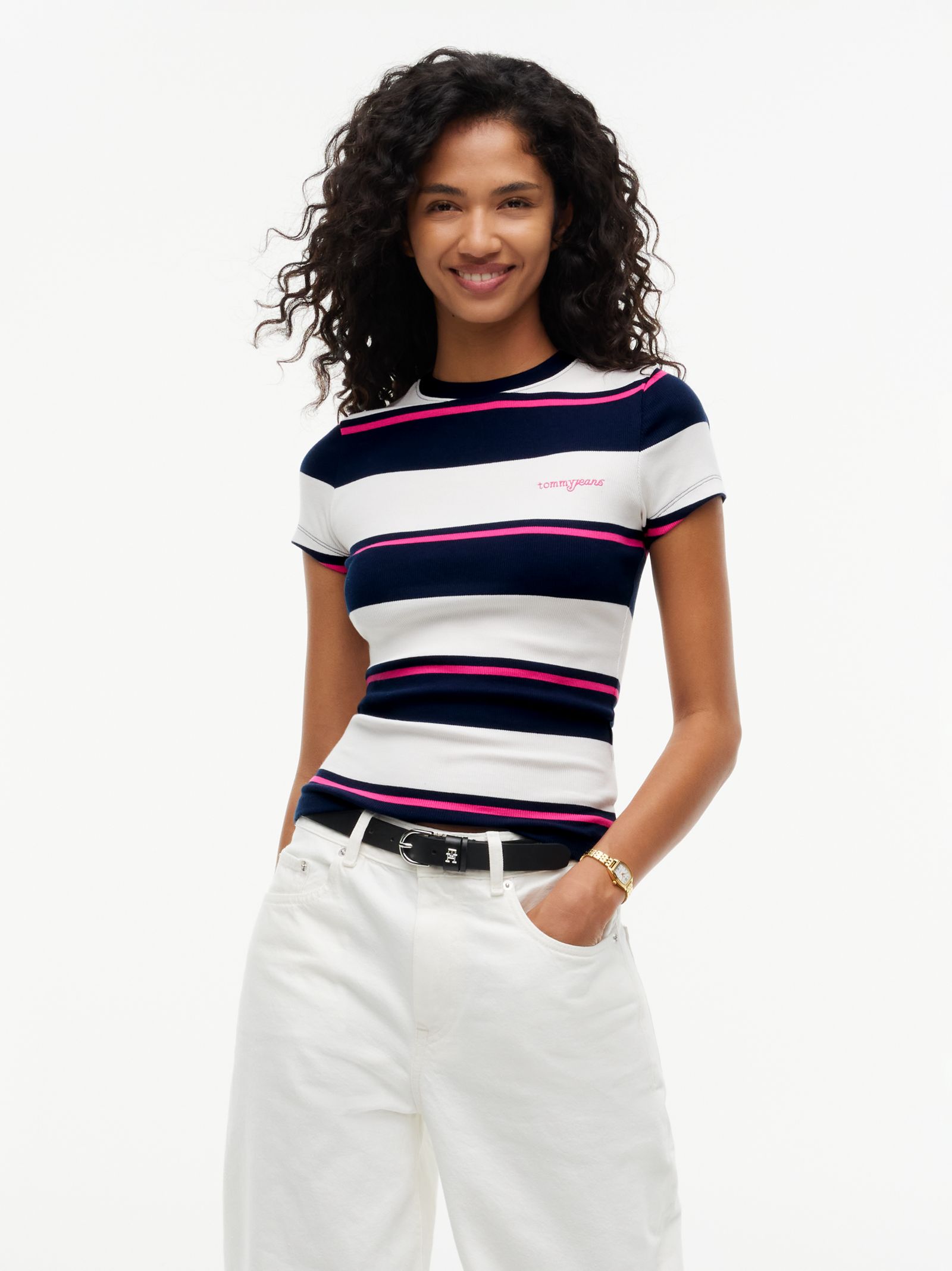 Tommy Jeans Geribd slim fit T-shirt met logo in multicolor