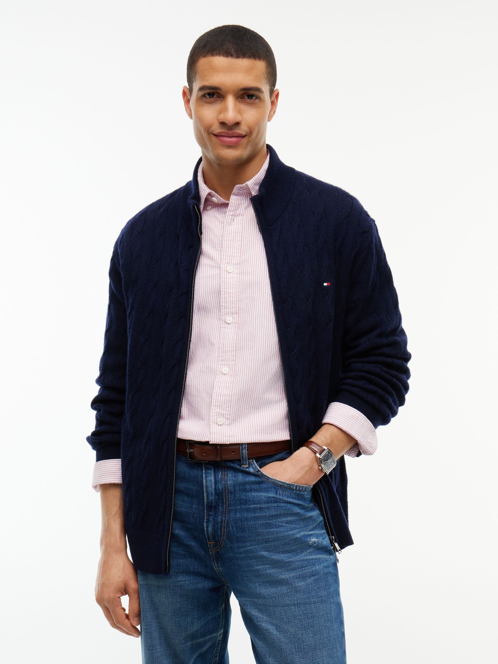 Tommy Hilfiger Lamswollen kabeltrui met rits in marine