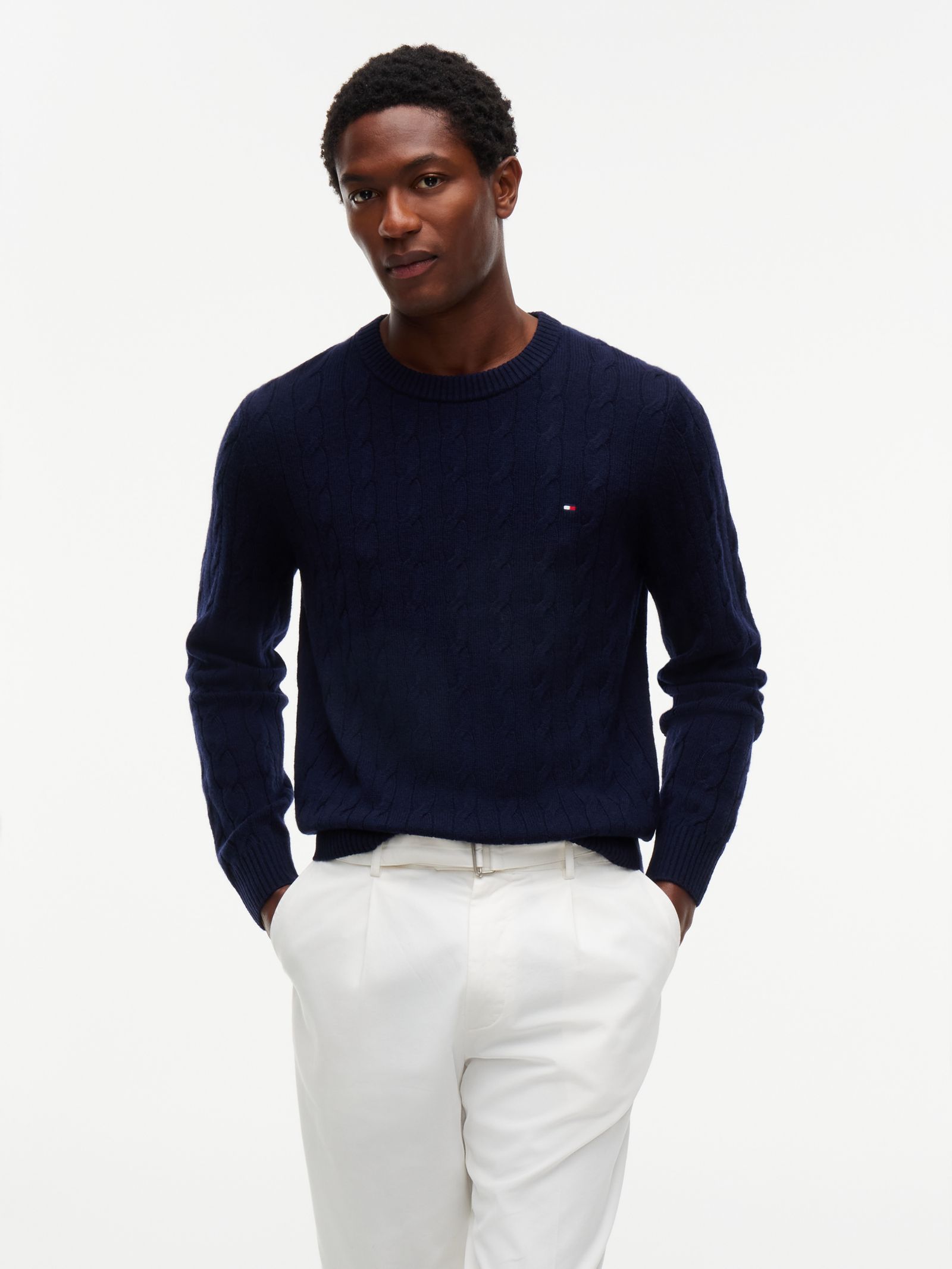 Tommy Hilfiger Kabelgebreide trui van zuivere lamswol in marine