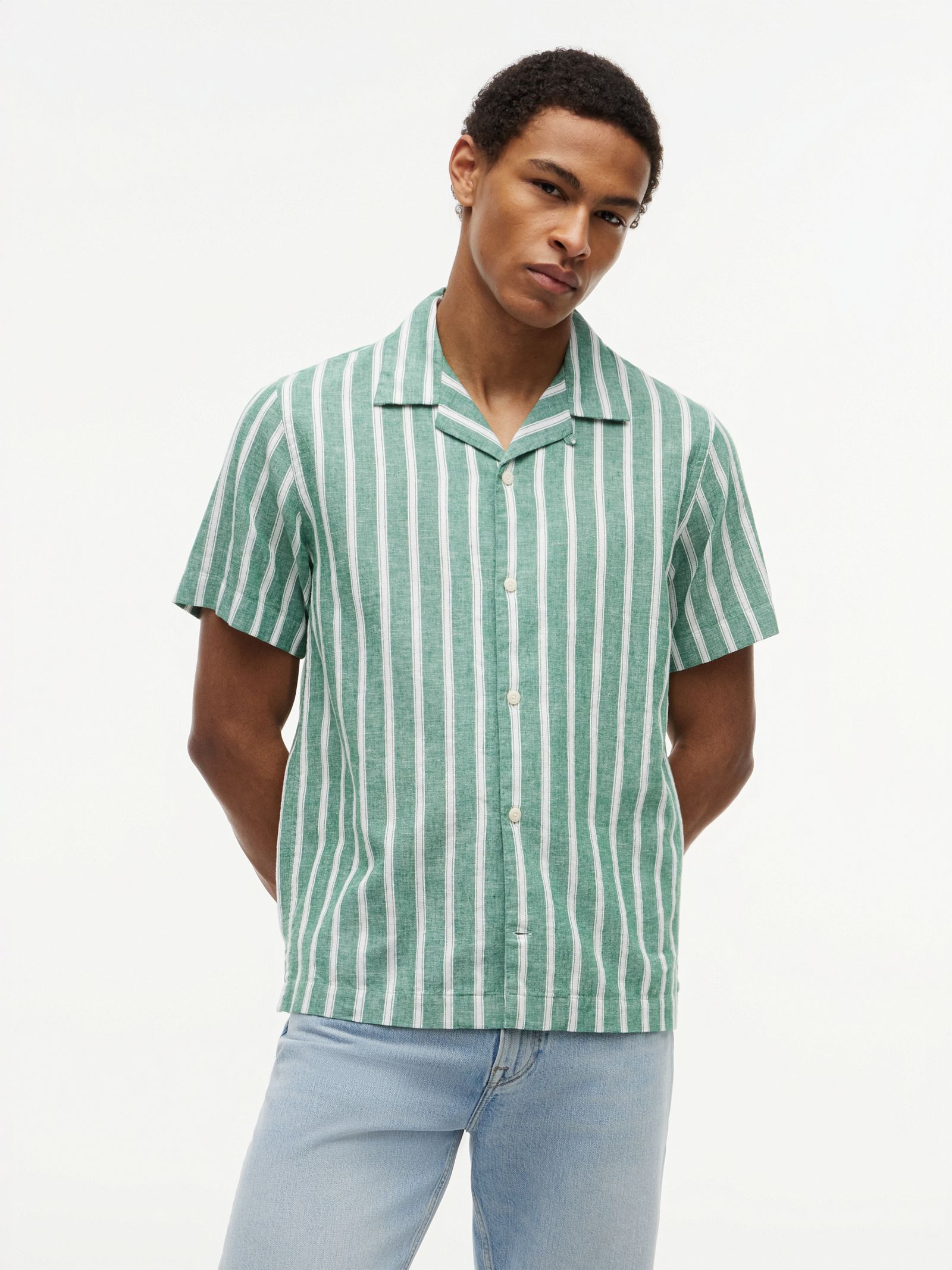 Tommy Hilfiger Gestreept linnenmix overhemd met korte mouwen in groen
