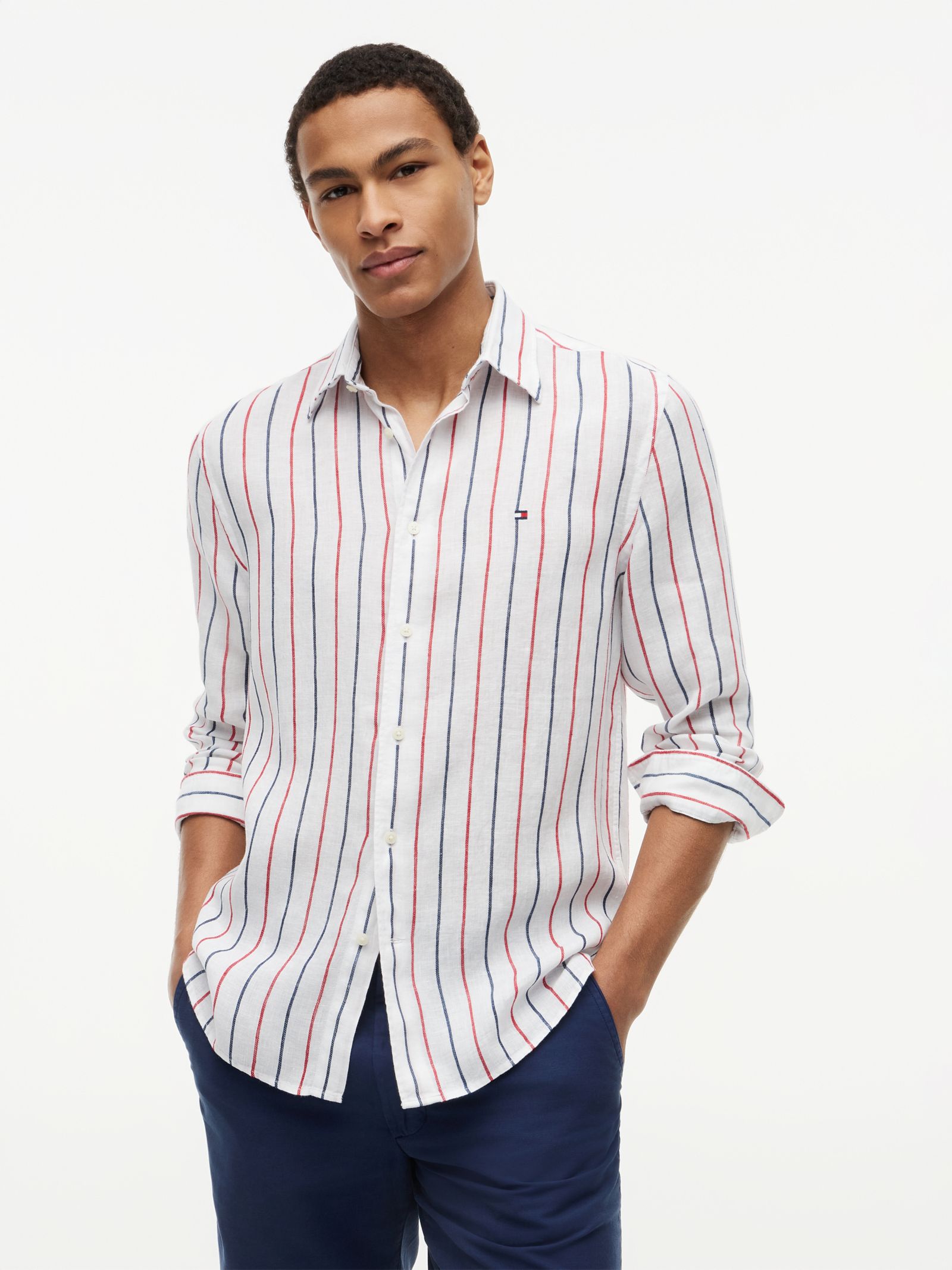 Tommy Hilfiger Regular fit getextureerd linnen overhemd met streep in wit