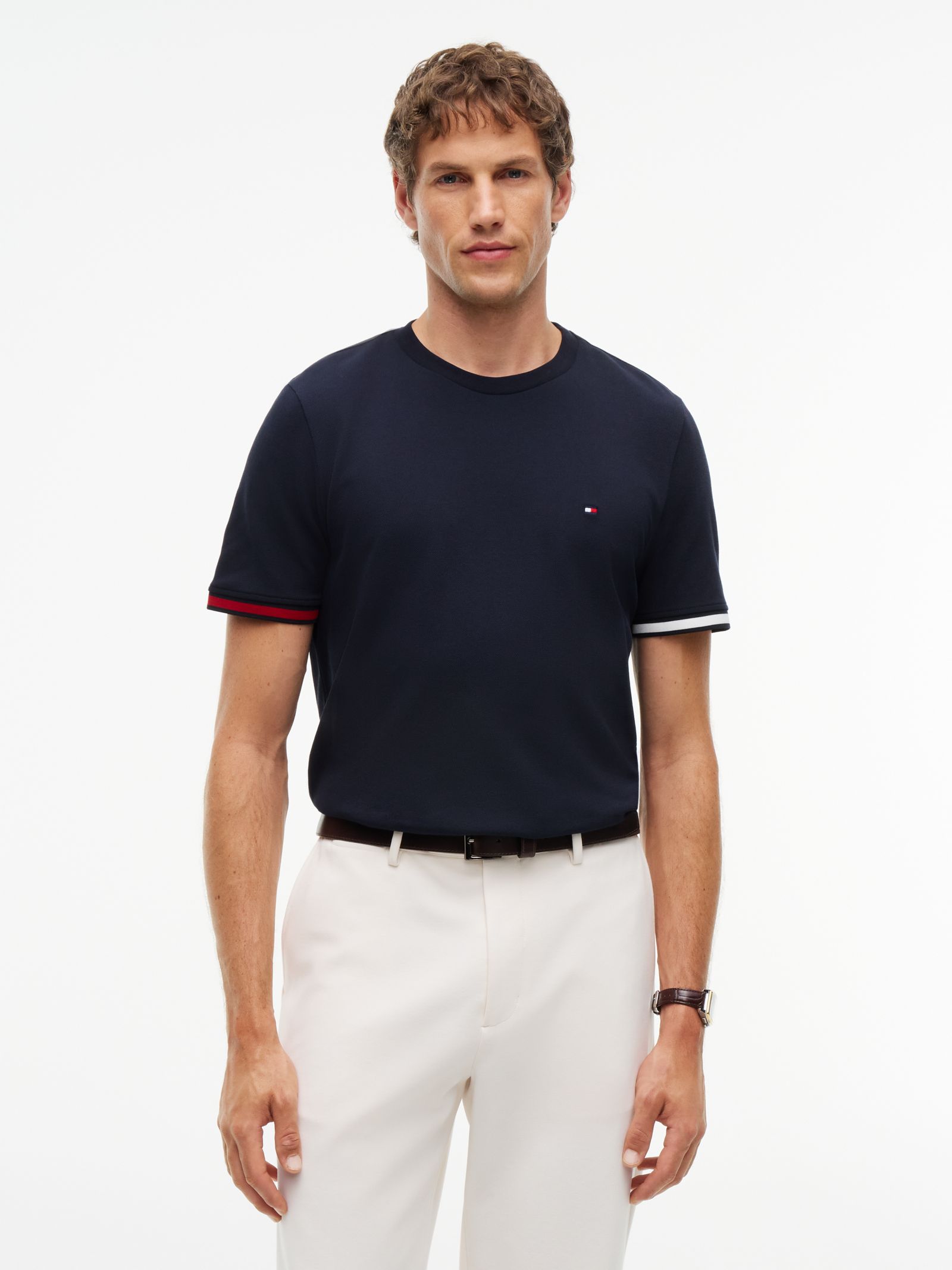 Tommy Hilfiger piqué T-shirt met ronde hals en streepdetail in marine