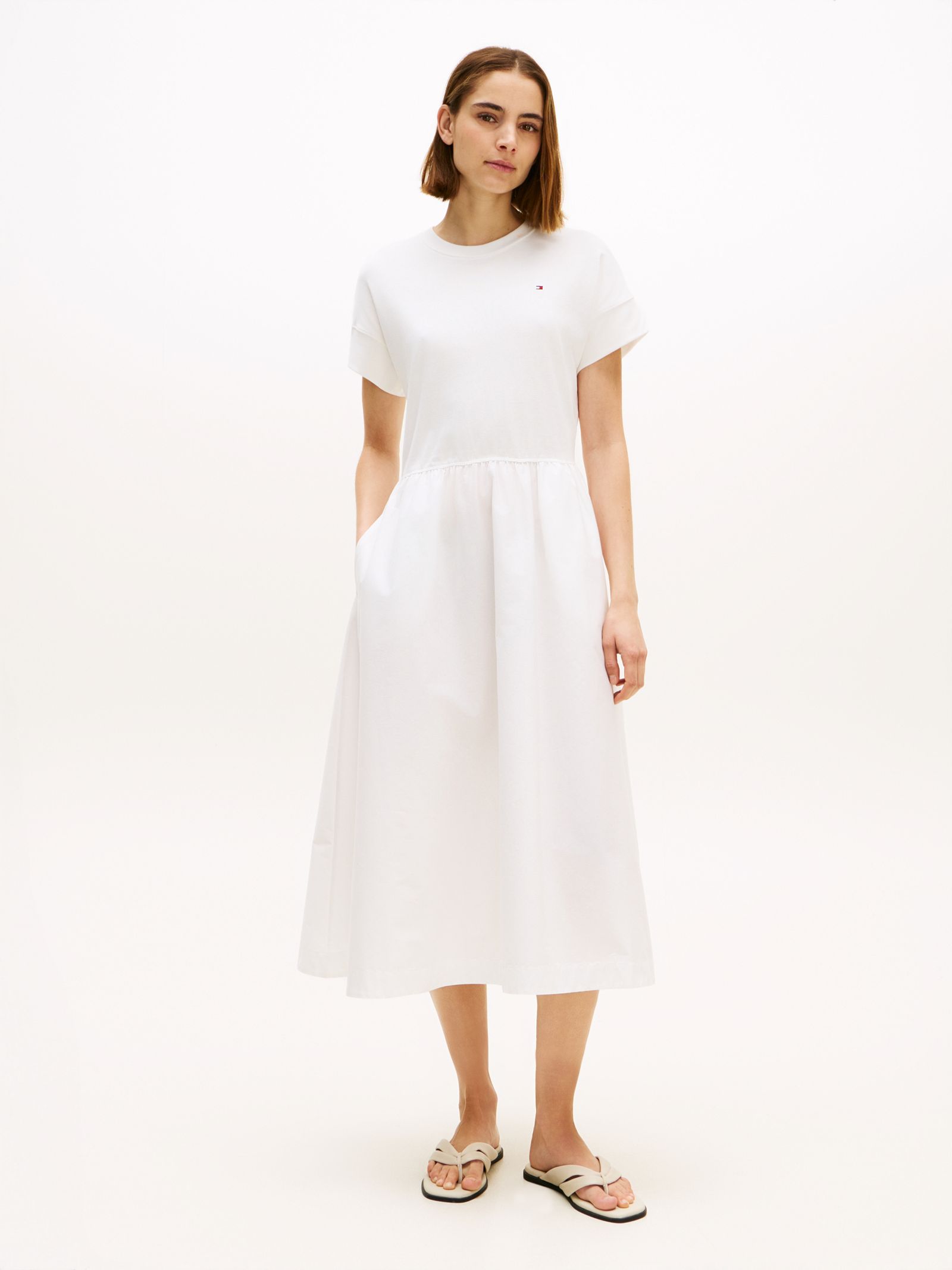 Tommy Hilfiger Fit and flare midi jurk met textuurcontrast in wit